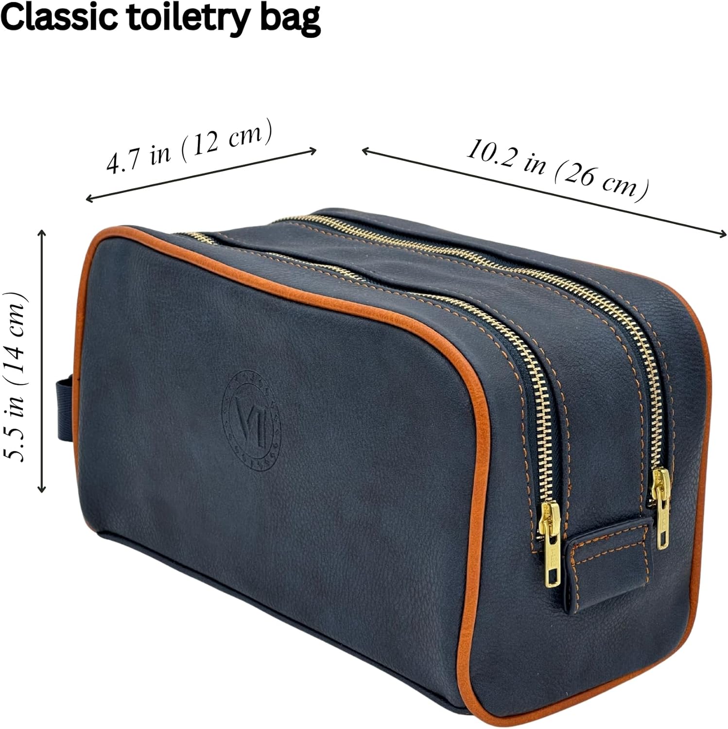 Dopp Gift Large Travel Toiletry Bag Premium Quality PU Leather Two compartments YKK Zippers Water-resistant Bottom Studs Mesh Pockets Durable Cosmetic Organizer NAVY BLUE/ORANGE