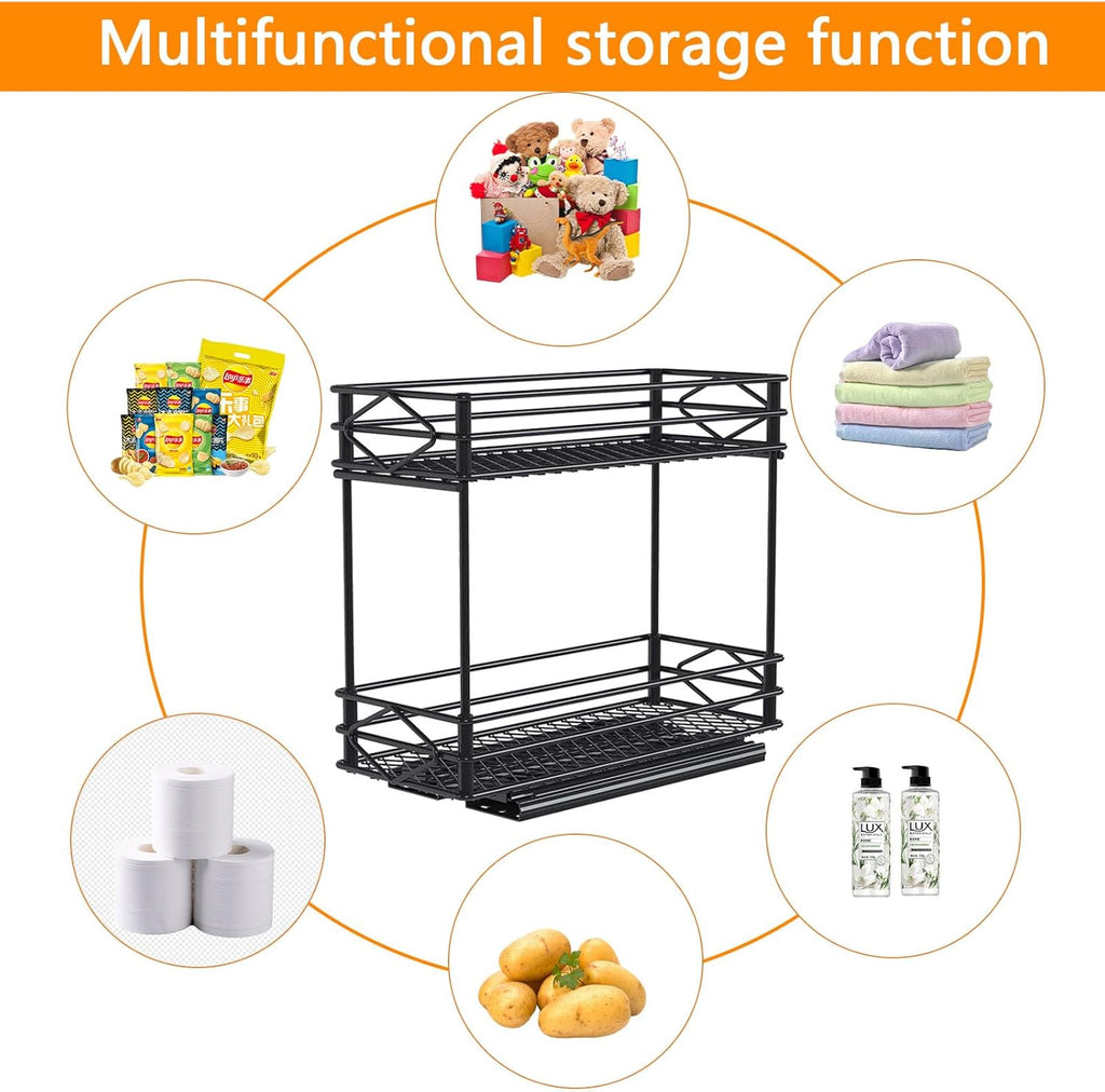 Pull Out Medicine Organizer,Slide Out Storage Drawers,Spice Rack Organizer for Cabinet,Pill Bottle Storage for Holding Vitamins,Supplements Cosmetics,10.43”L x 4.33”W x 7.87”H,2 Tier,Black