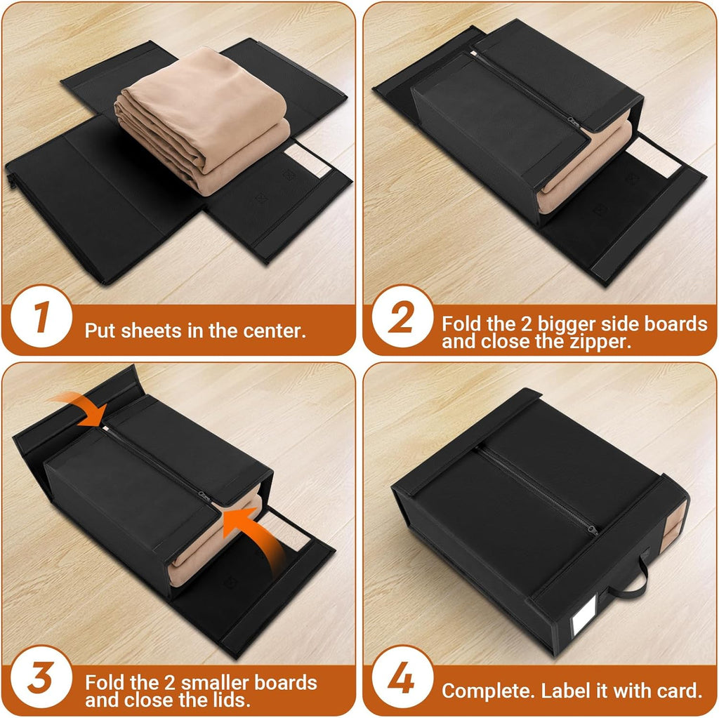 6 Pack Bed Sheet Closet Organizers and Storage,Sturdy Foldable Storage Containers with Window and Label,Storage and Organization for Bedding Sheets,Duvet Covers,Blankets (Black)