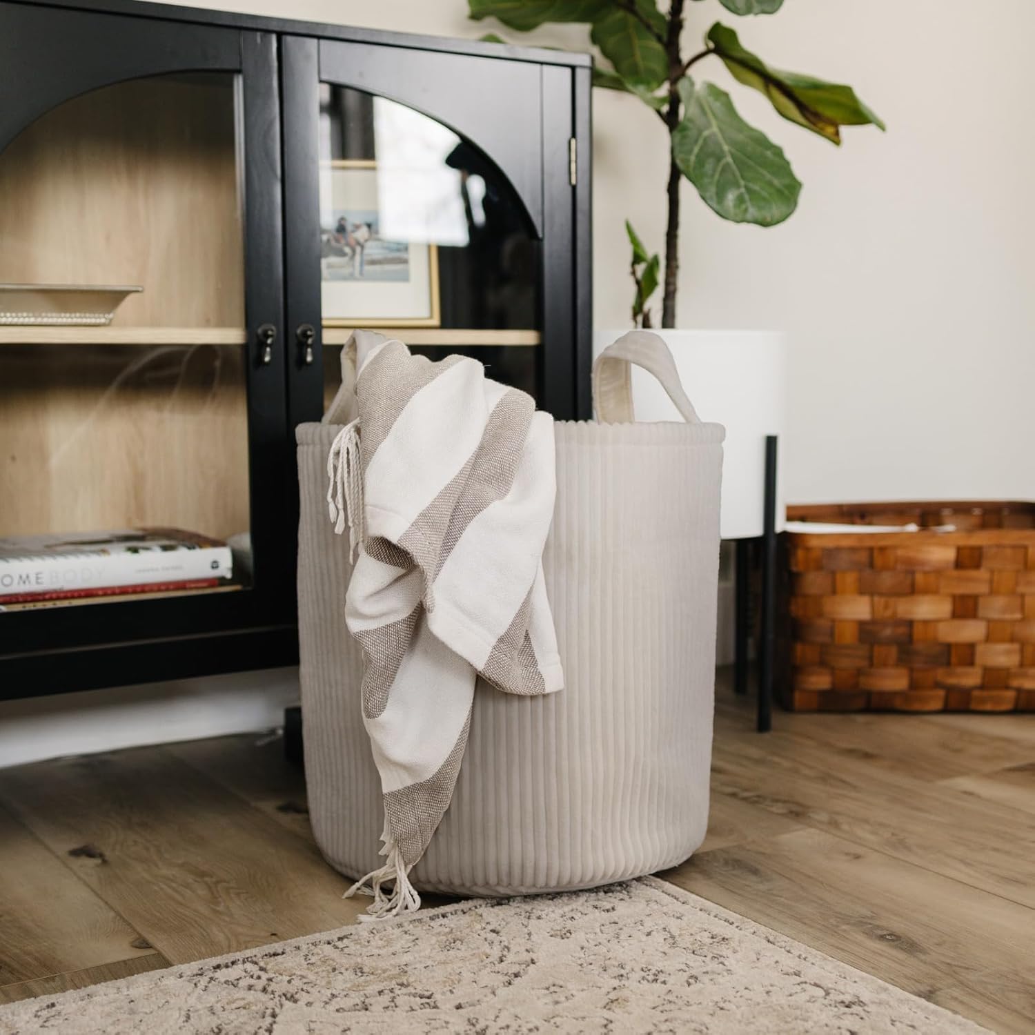 PUTSKA Blanket Basket – Round Storage for Toys and Blankets, Clothes, Stuffed Animals – Soft Baby Girl Basket for Nursery, Kids Room, Bedroom, Living Room – Large, Grey