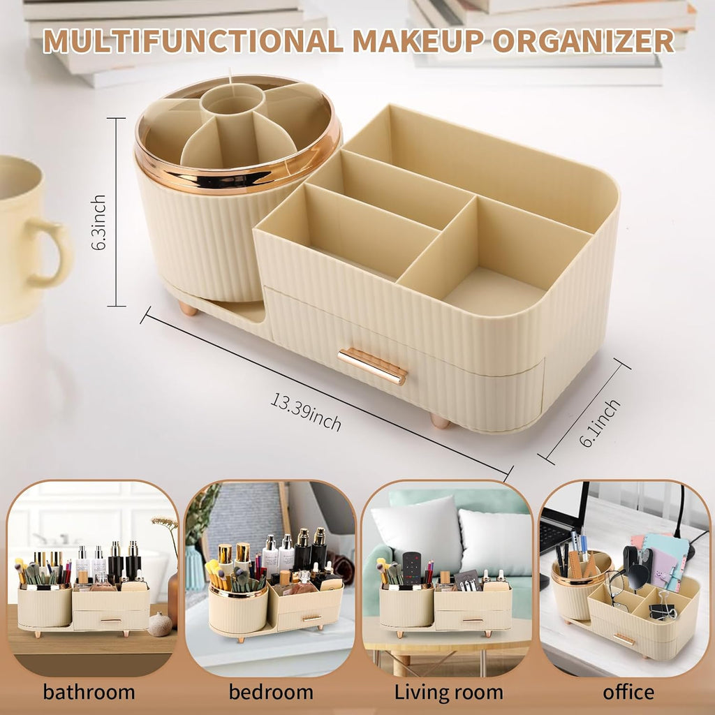 Makeup Organizer for Vanity, Cosmetic Display Case with Drawers, Fits Makeup, Skincare Products, Brushes, Lipsticks, and Other Accessories, Versatile Storage Solution (Cream)