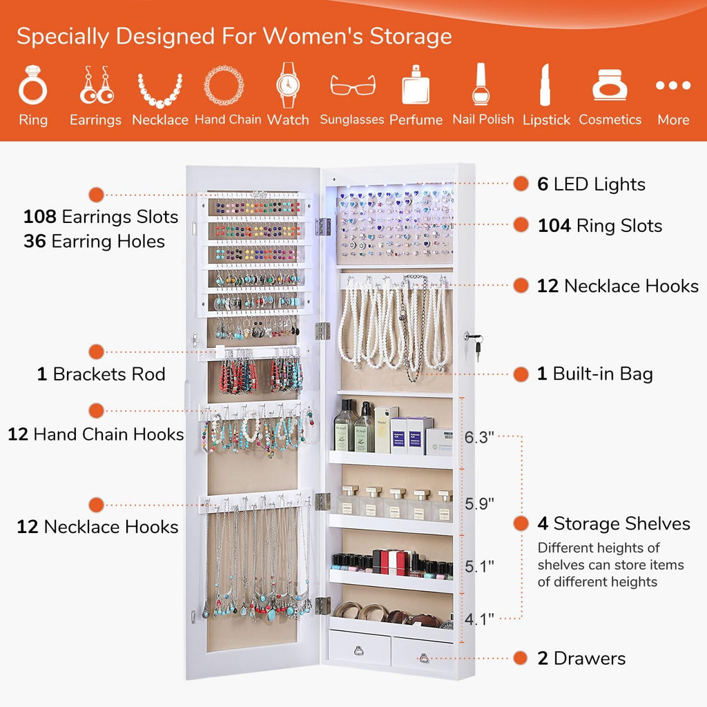 GISSAR Full Length Mirror Jewelry Cabinet, 6 LEDs Jewelry Armoire Wall Mounted Over The Door Hanging, Jewelry Organizer Storage with Lights Lockable, White Surface with Beige Lining, 14.6" x 47.2"