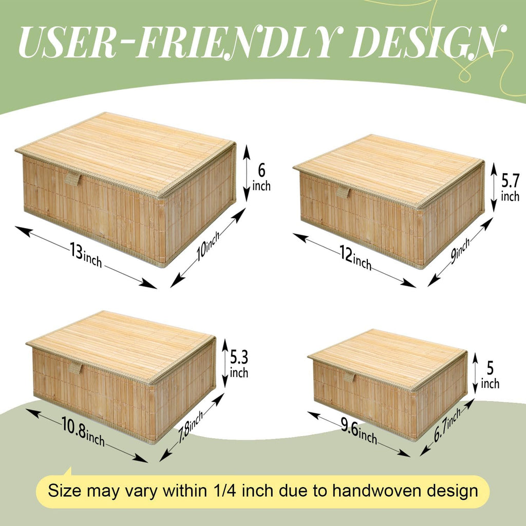 Wicker Basket With Lid Bamboo Storage Box for Shelf Bamboo Decor Storage Boxes With Lids-Rectangle Decorative Basket With Lid Organizer for Bedroom,Living Room (Set of 4,natural)