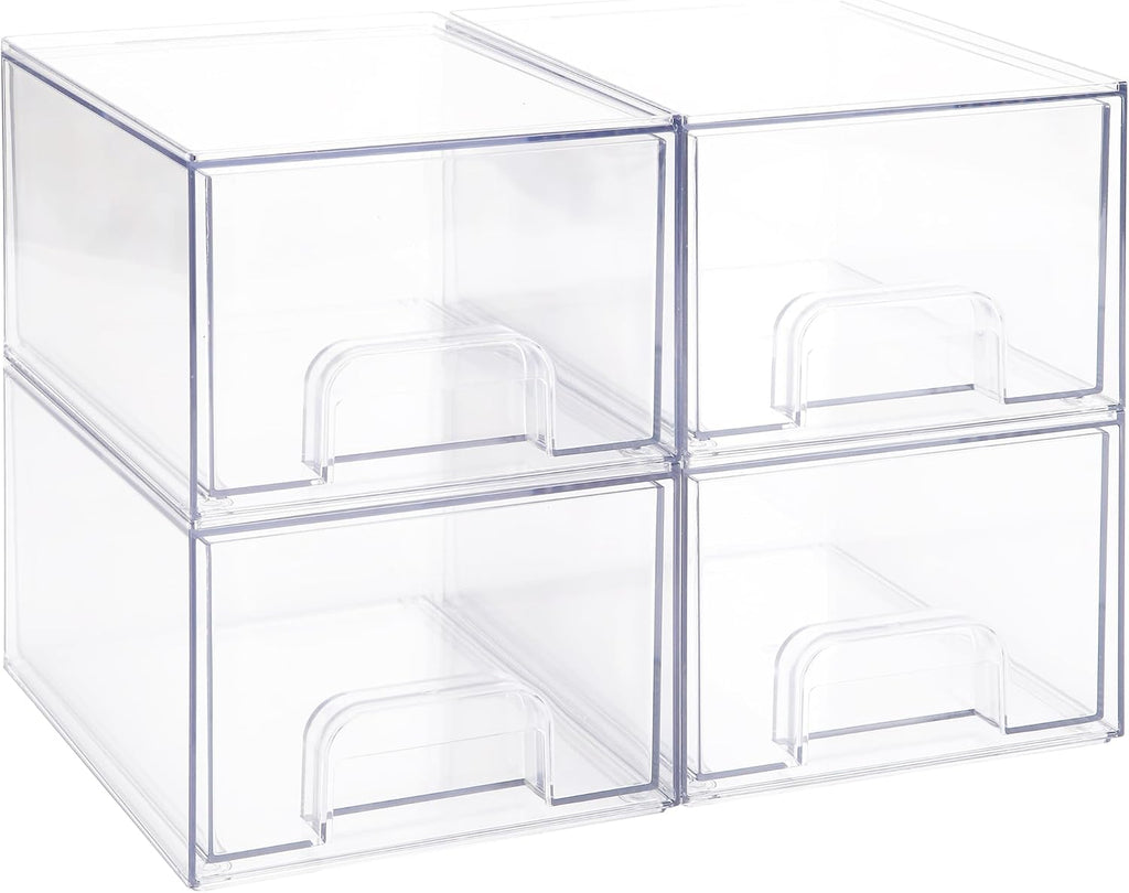 Sea Team 4-Pack Clear Makeup Organizer with Drawers, Acrylic Plastic Cosmetic Display Case, Jewelry Storage Box, Holder for Dresser, Bathroom, Vanity, Kitchen Cabinets, Pantry, Countertop