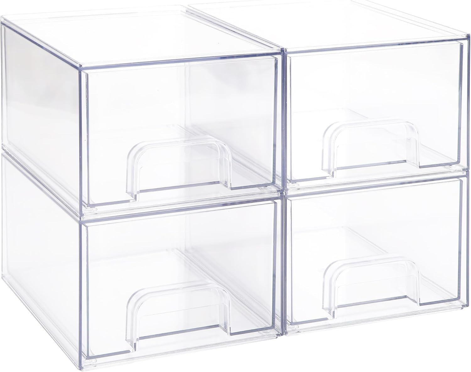 Sea Team 4-Pack Clear Makeup Organizer with Drawers, Acrylic Plastic Cosmetic Display Case, Jewelry Storage Box, Holder for Dresser, Bathroom, Vanity, Kitchen Cabinets, Pantry, Countertop