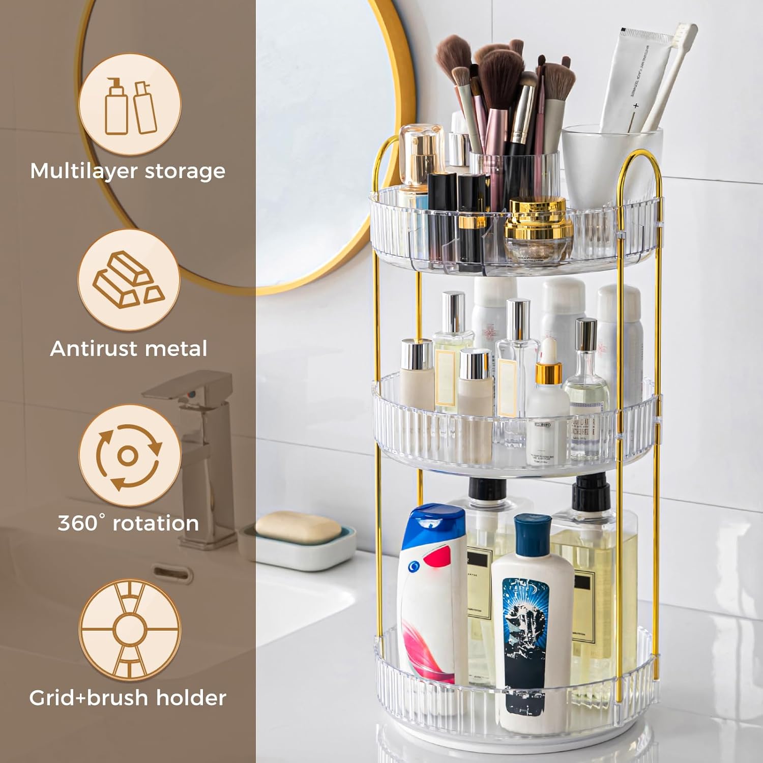 360° Rotating Makeup Organizer, Upgraded 3 Tier Skincare Perfume Organizers for Women, Bathroom Organizer Countertop, Clear Cosmetic Dresser Organizer with Makeup Brush Holder, Sink&Counte (Clear)