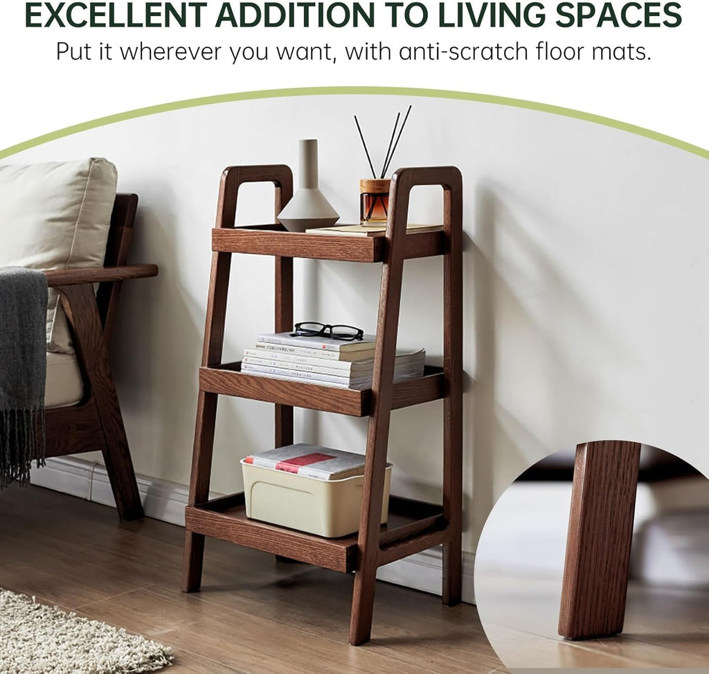 100% Solid Oak 3 Tier Ladder Shelf for Saving Space, Tall Nightstand with Stable Frame for Bedroom, Small Side Table for Living Room Office(Walnut, 13.4" L x 25.6" W x 36.2" H)