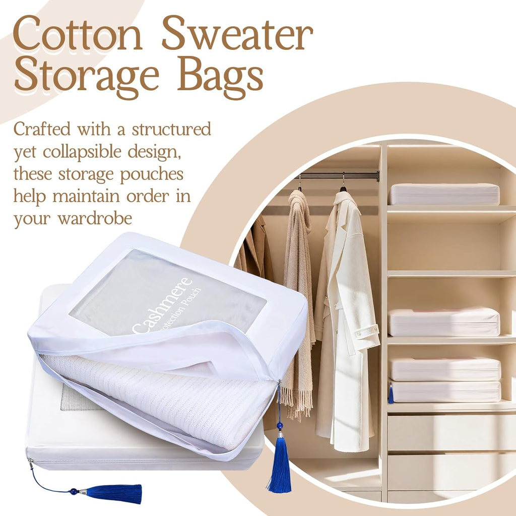 2 Pack Cashmere Protection Pouch, Cotton Sweater Storage Bags with Zippers Tassel and Organza Panel, Breathable Dustproof Clothing Bags Organizer for Wool, Gift for Cashmere Lovers