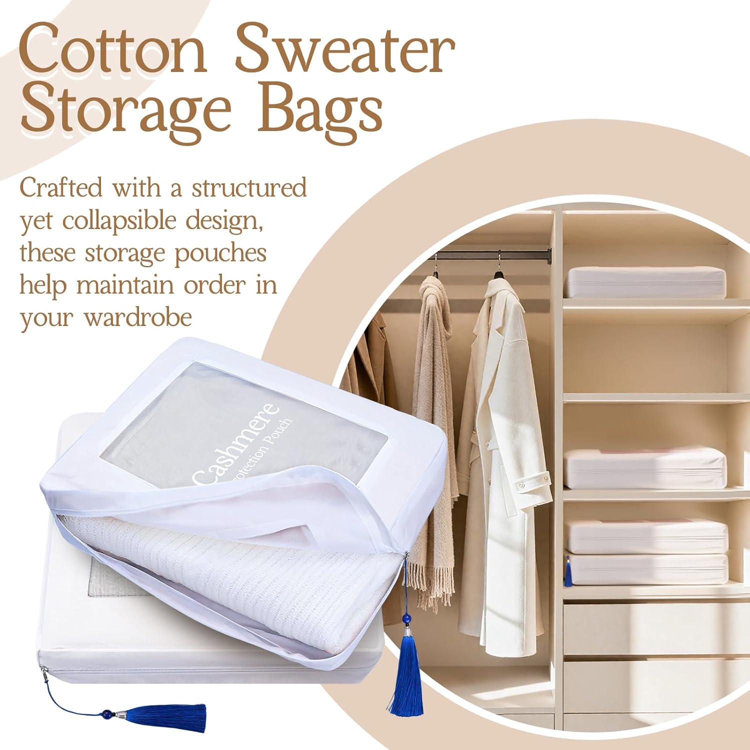 2 Pack Cashmere Protection Pouch, Cotton Sweater Storage Bags with Zippers Tassel and Organza Panel, Breathable Dustproof Clothing Bags Organizer for Wool, Gift for Cashmere Lovers