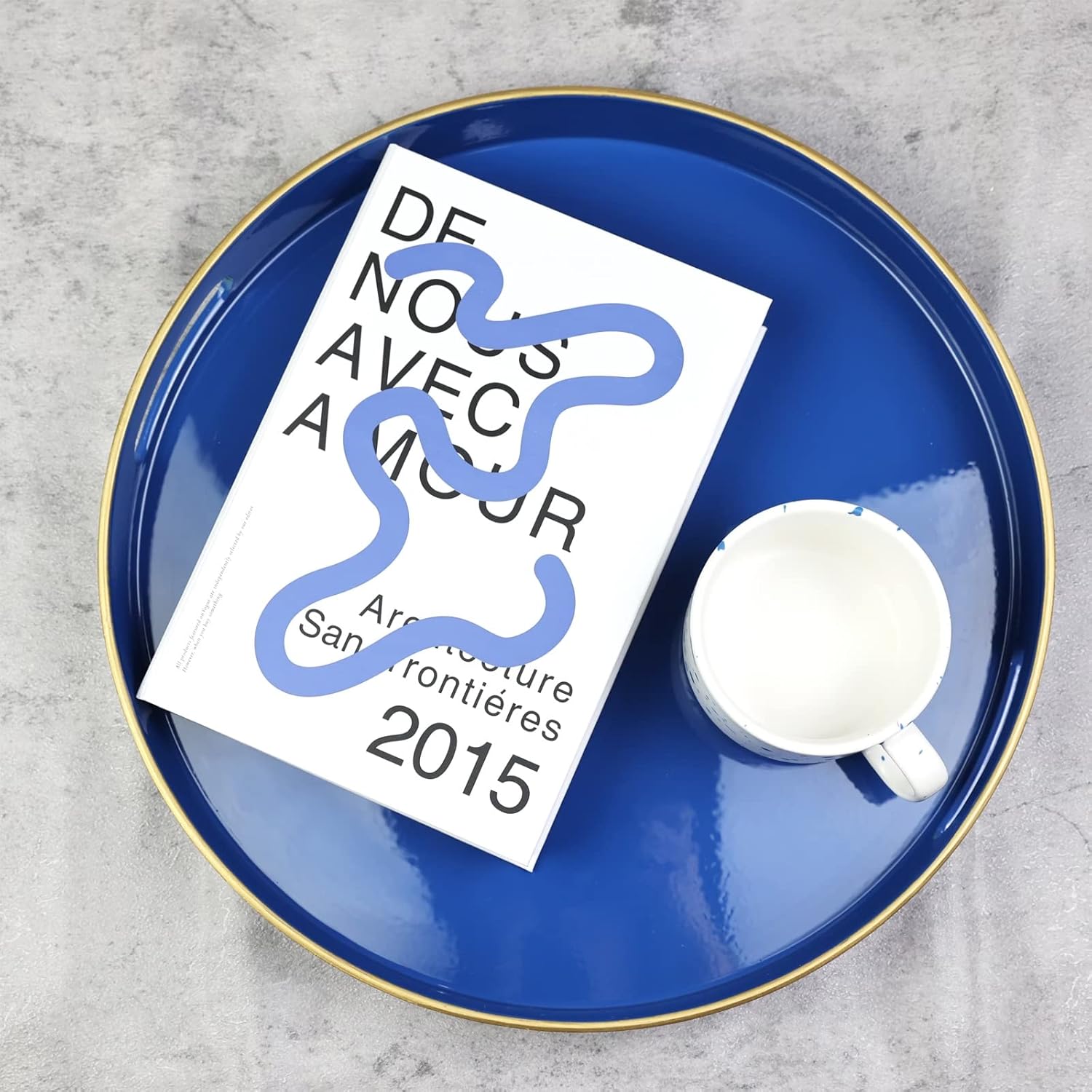 Spsyrine Round Blue Decorative Tray, 13" Plastic Serving Table Tray with Handles for Breakfast, Ottoman, Coffee Table, Bathroom, Kitchen, Living Room