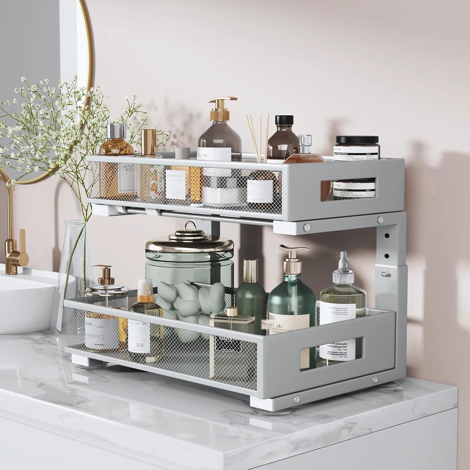 1 Pack 17IN Depth Under Sink Organizer, 2-Tier Pull Out Cabinet Organizer With Smooth Circular Rail, Large Capacity Metal Mesh Sliding Drawers For Bathroom& Kitchen Storage,Height Adjustable-Gun Gray