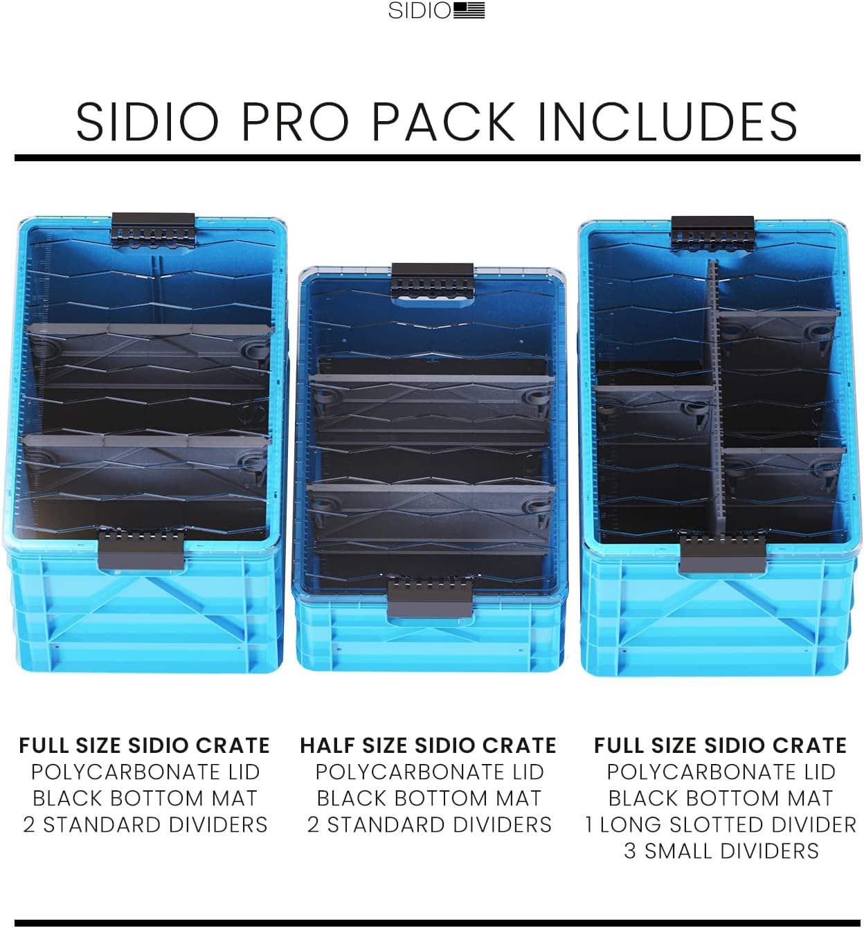 SIDIO Crate Pro Pack - 2 Full-Size & 1 Half-Size Heavy Duty Stackable Storage Bins, Totes and Containers with Lids and Dividers - Durable Plastic Organizer for Home, Office, Garage, and Outdoor Use