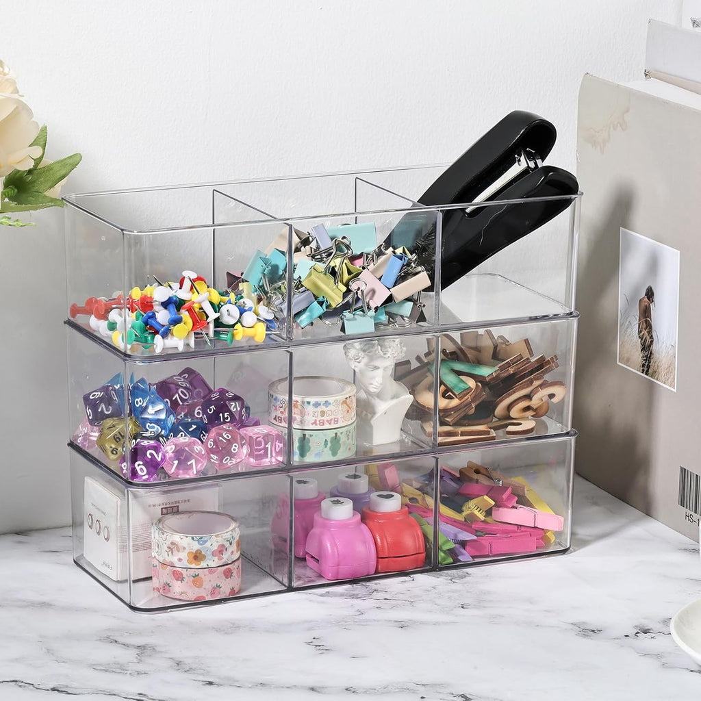 Acrylic Makeup Brush Organizers,3 Pack 3 Section 3 Compartments Transparent Plastic Lipstick Holder Clear 9.13x3.54x2.36 Inches Storage Square Cube for Bathroom Jewelry Accessories