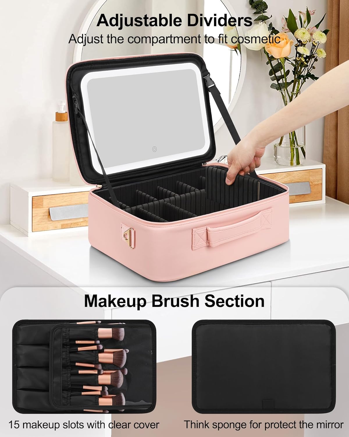 Relavel Makeup Bag with LED Mirror, 16.2 inches Large Makeup Case Travel Portable Cosmetic Organizer Vanity Case for Women, Rechargeable Lighted Mirror Professional Makeup Artists Storage Box (Pink)