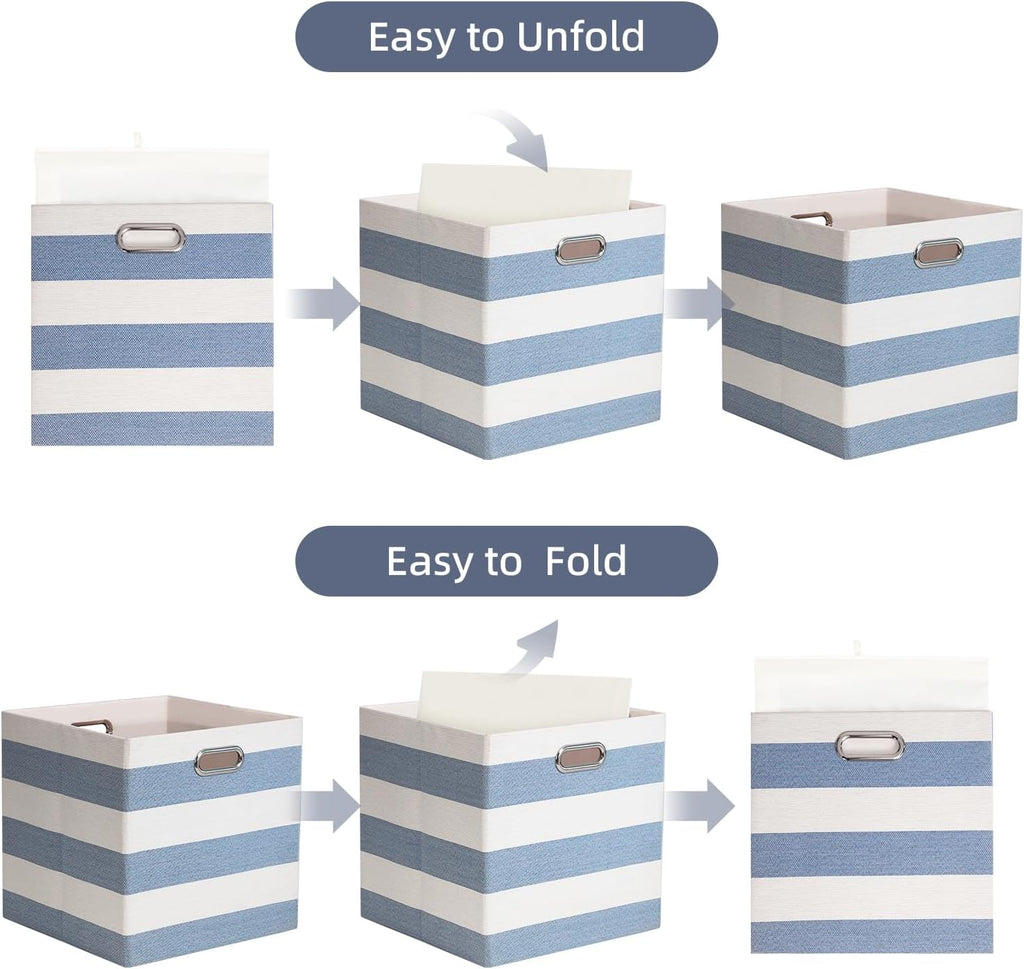 Foldable Cube Storage Bin Organizing Baskets Cubby Boxes Fabric Storage Cubes Organizer Bins with Handles for Organization Shelf Closet, 13"x13"x13", Pack of 4, Blue/White Stripe