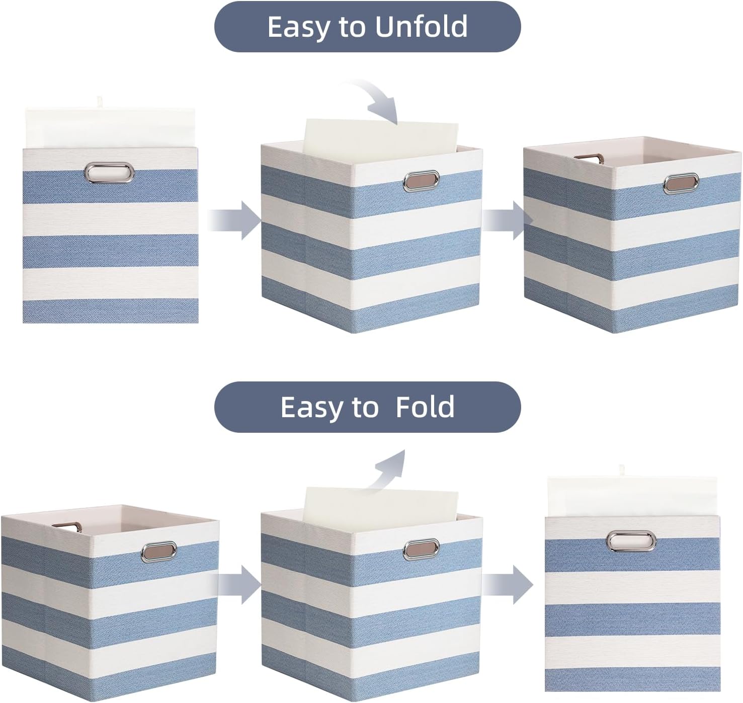 Foldable Cube Storage Bin Organizing Baskets Cubby Boxes Fabric Storage Cubes Organizer Bins with Handles for Organization Shelf Closet, 13"x13"x13", Pack of 4, Blue/White Stripe
