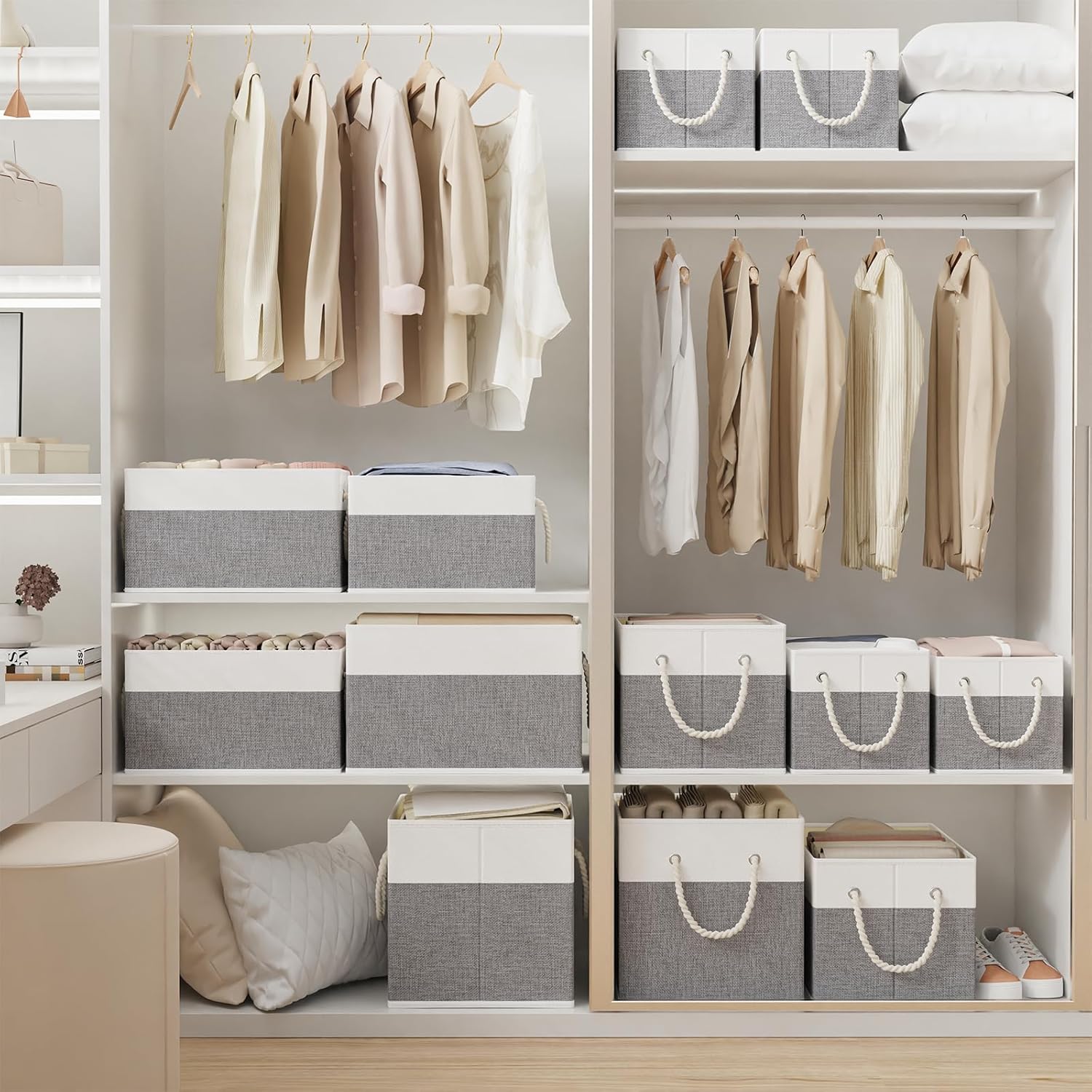 Yawinhe Foldable Storage Basket 3-Pack, Large Fabric Bins with Rope Handle, Used for Organizing Shelves, Closets, Clothes, 12.99''Lx9.05''Wx7.87''H, White/Grey