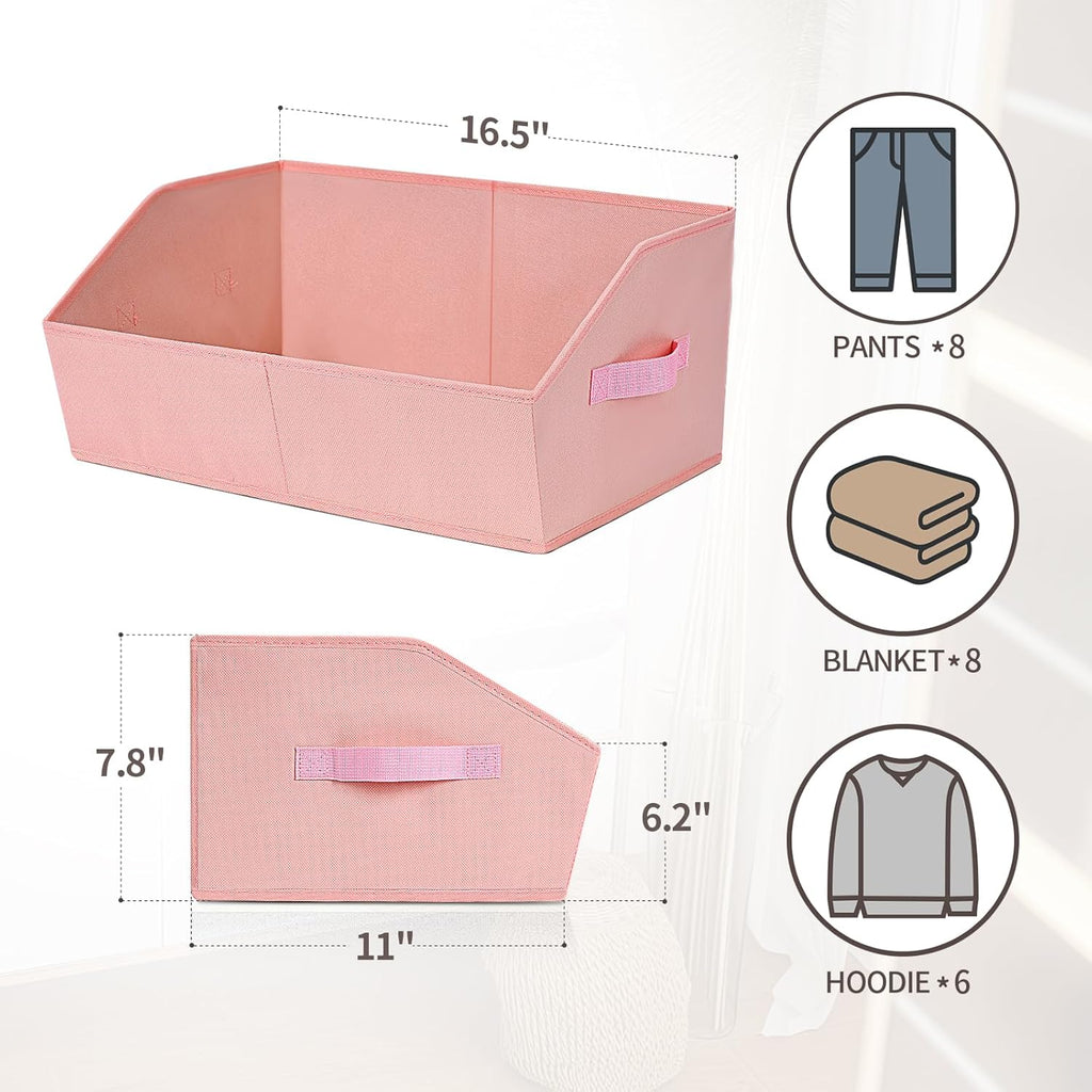 Closet Baskets for Shelves Trapezoid - Decorative Storage Baskets with Handle, Closet Bins for Organization, Shelf Storage Bins for Clothes, Books, Home, Office, 10 Pack, Pink