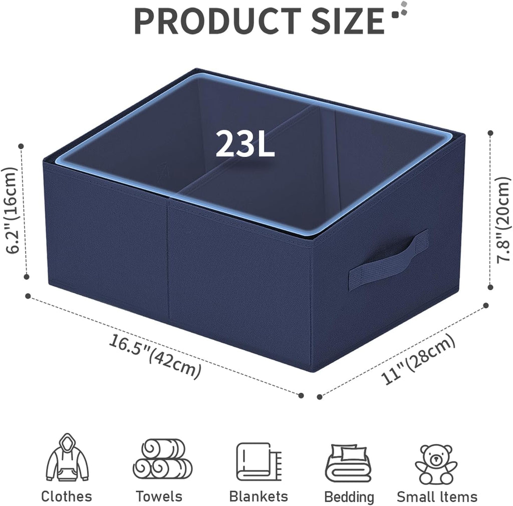 DIMJ Large Closet Shelf Organizer Bins 6 Packs with Handles and Divider, Fabric Trapezoid Storage Baskets, Foldable Clothes Containers Box for Shelf, Towel, Book, Toy, Purse, Hats, Navy Blue