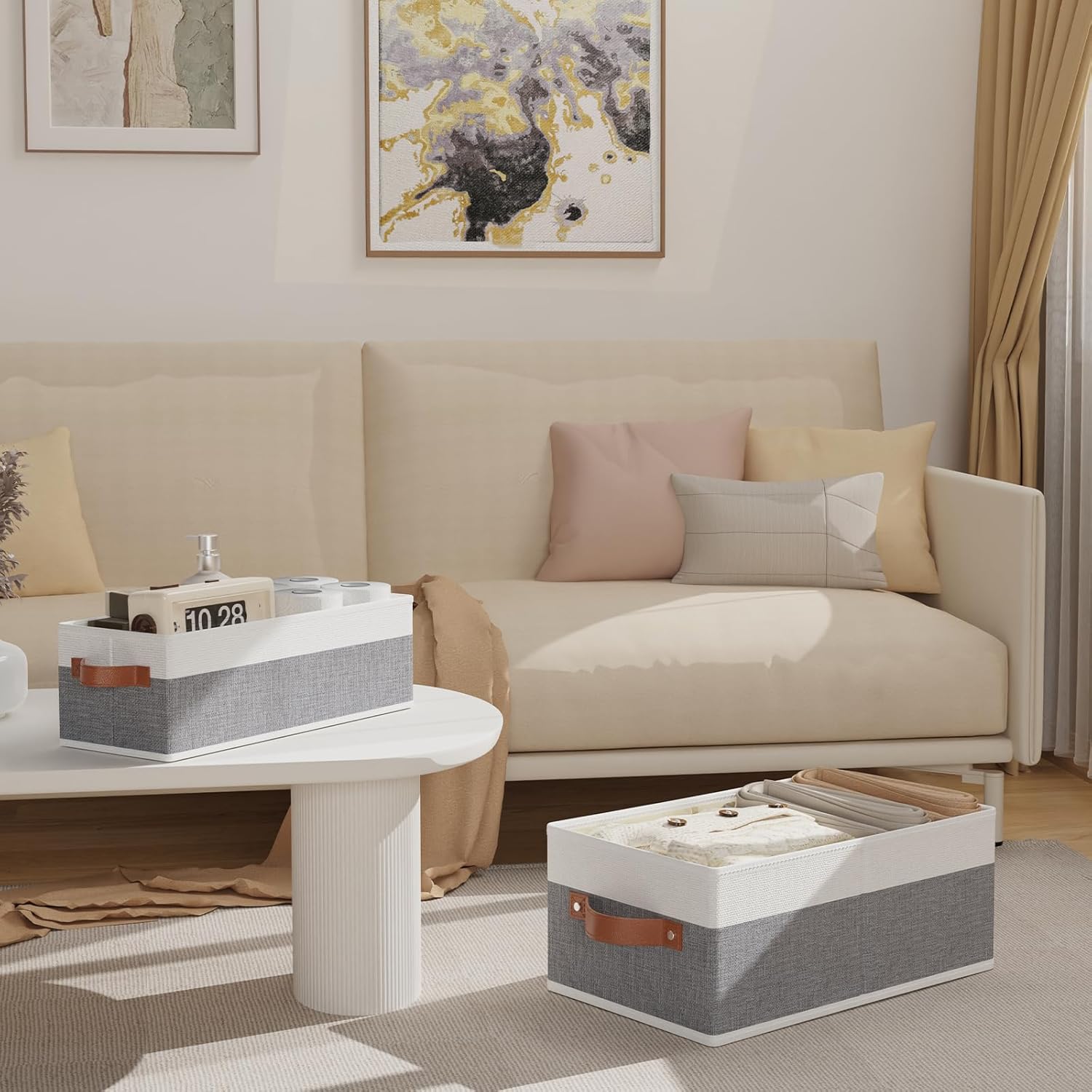 OUTBROS Storage Bins,Foldable Storage Baskets for Organizing,Fabric Storage Boxes With Handles,For bedrooms, living rooms, Shelves,Gray/White,15x6.1x5.1in,3-Pack