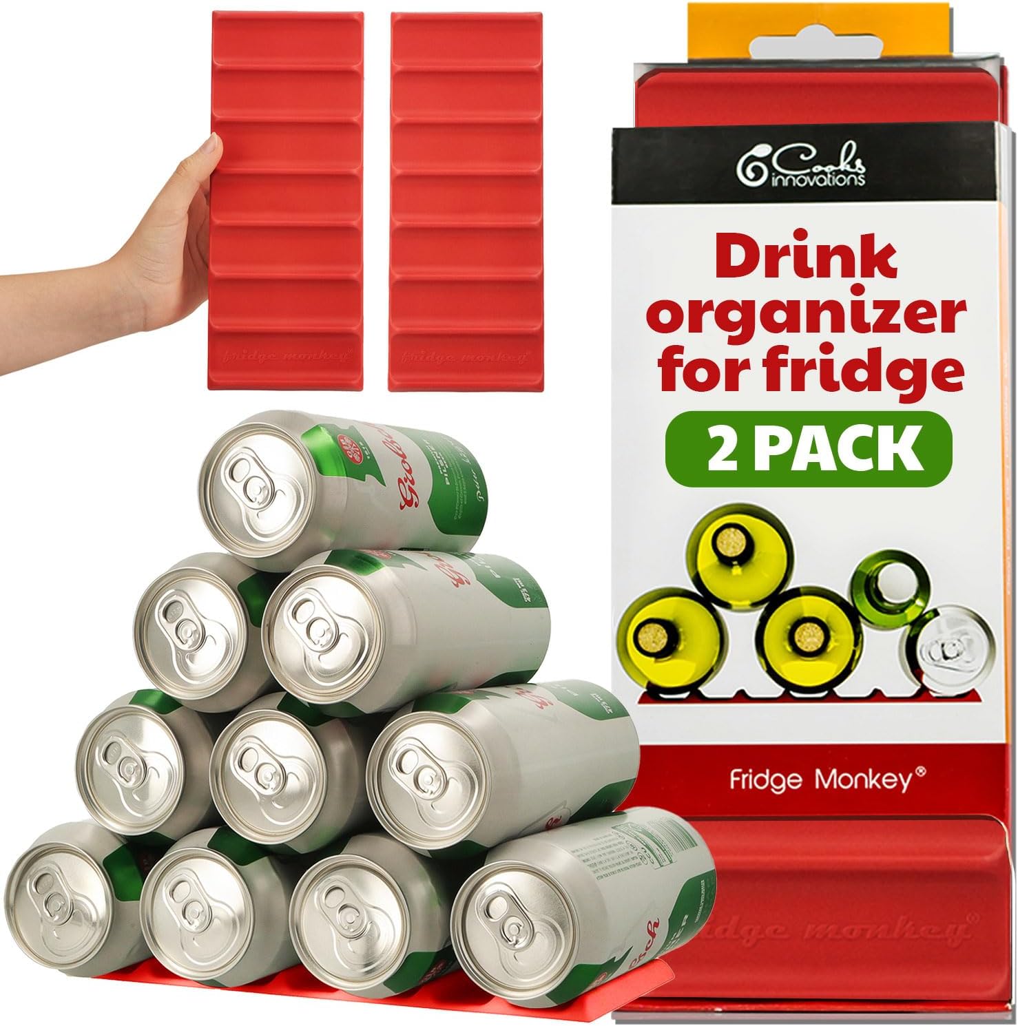 Cooks Innovations 2-Pack Drink Organizer for Fridge, Soda Can Refrigerator Organizers and Storage, Beer-Wine-Water Bottle Holder, Fridge Monkey - Durable Non-Slip&Roll