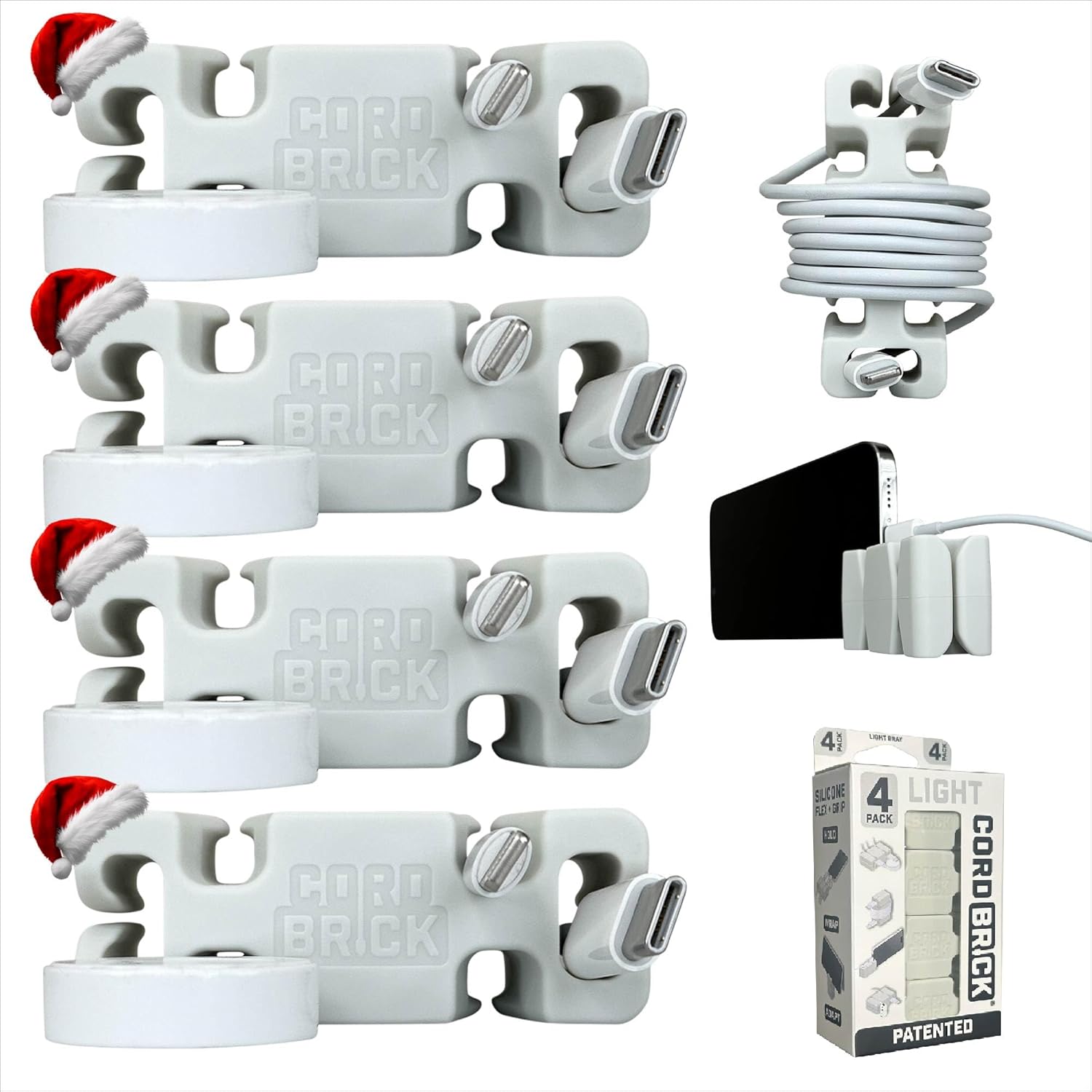 CordBrick Stocking Stuffers for Adults Cord Management Weighted Cord Holder Cable Wrap Phone Stand - Multiuse Gadget Organizer for Nightstand, Desk. Gift for Men, Durable Silicone. 4pk Light Gray