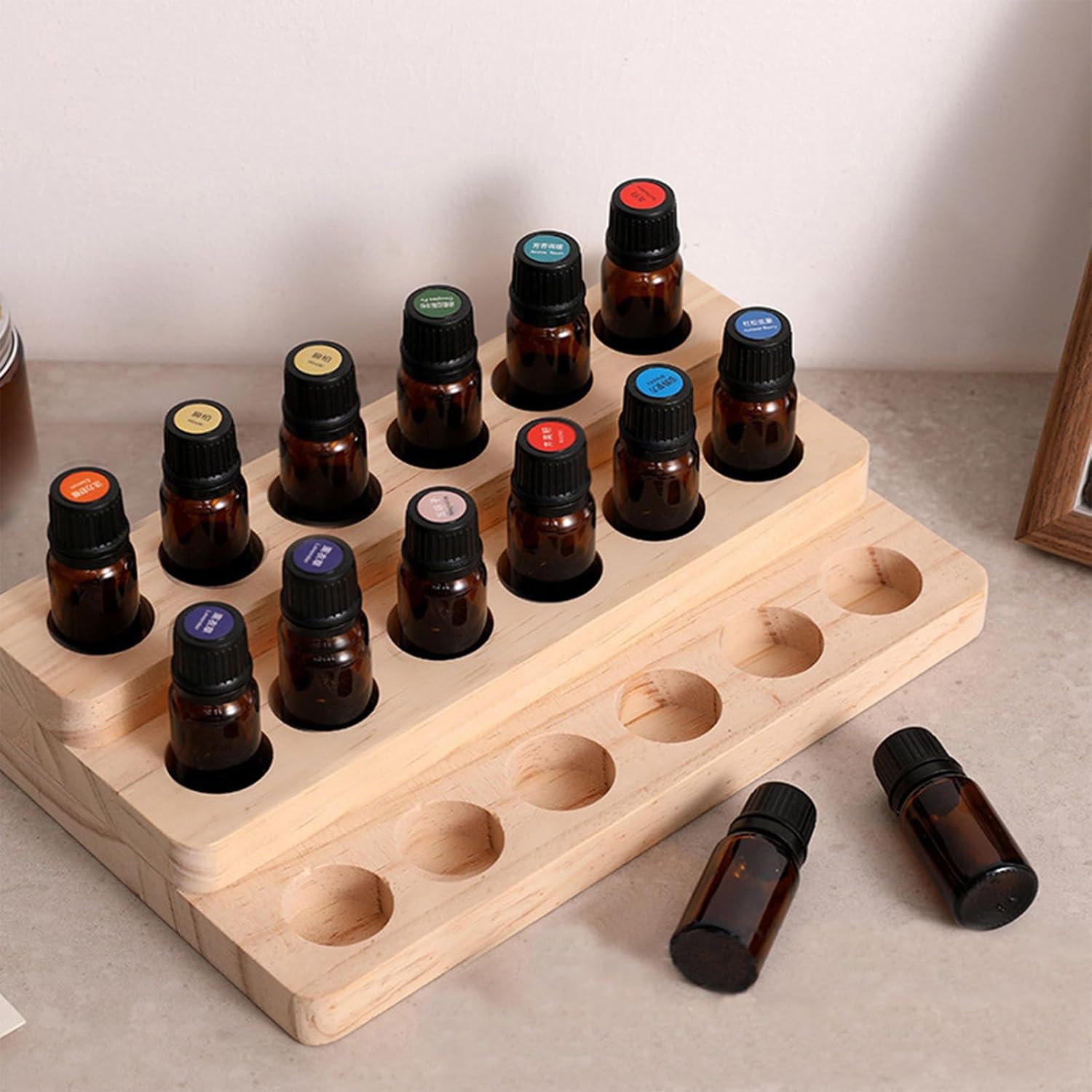 2 Pack Solid Wood Essential Oil Organizer 3-Tier Display Stand Holder Essential Oils Racks Tabletop Storage Rack for 5-20ml Bottles Perfumes and Nail Polish Compact Shelf