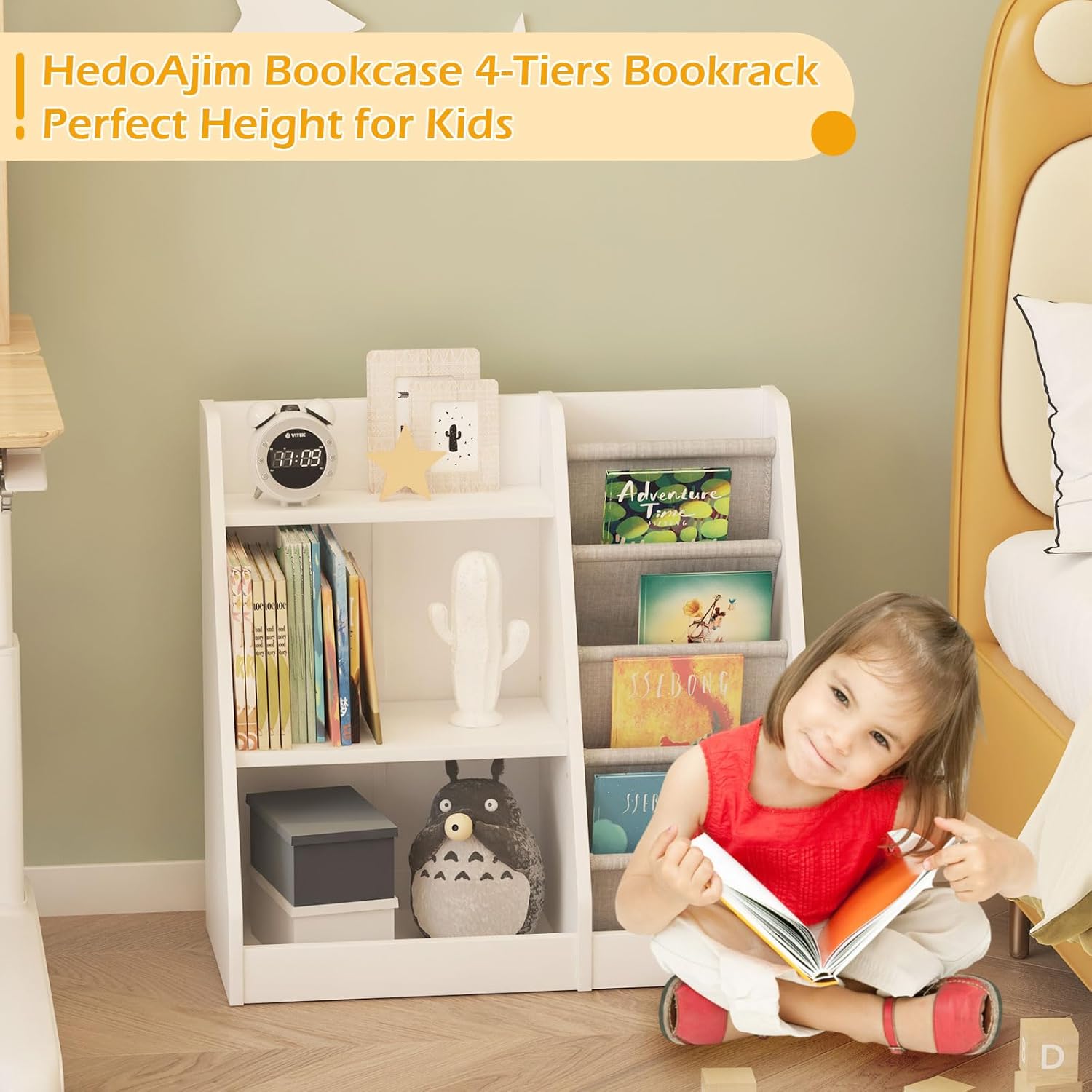 White Kids Bookshelf Wood Toy Storage Organizer Cabinet Children Bookcase Toddler Baby Sling Book Rack Adjustable Shelf for Playroom Bedroom Nursery Hallway School Kindergarten