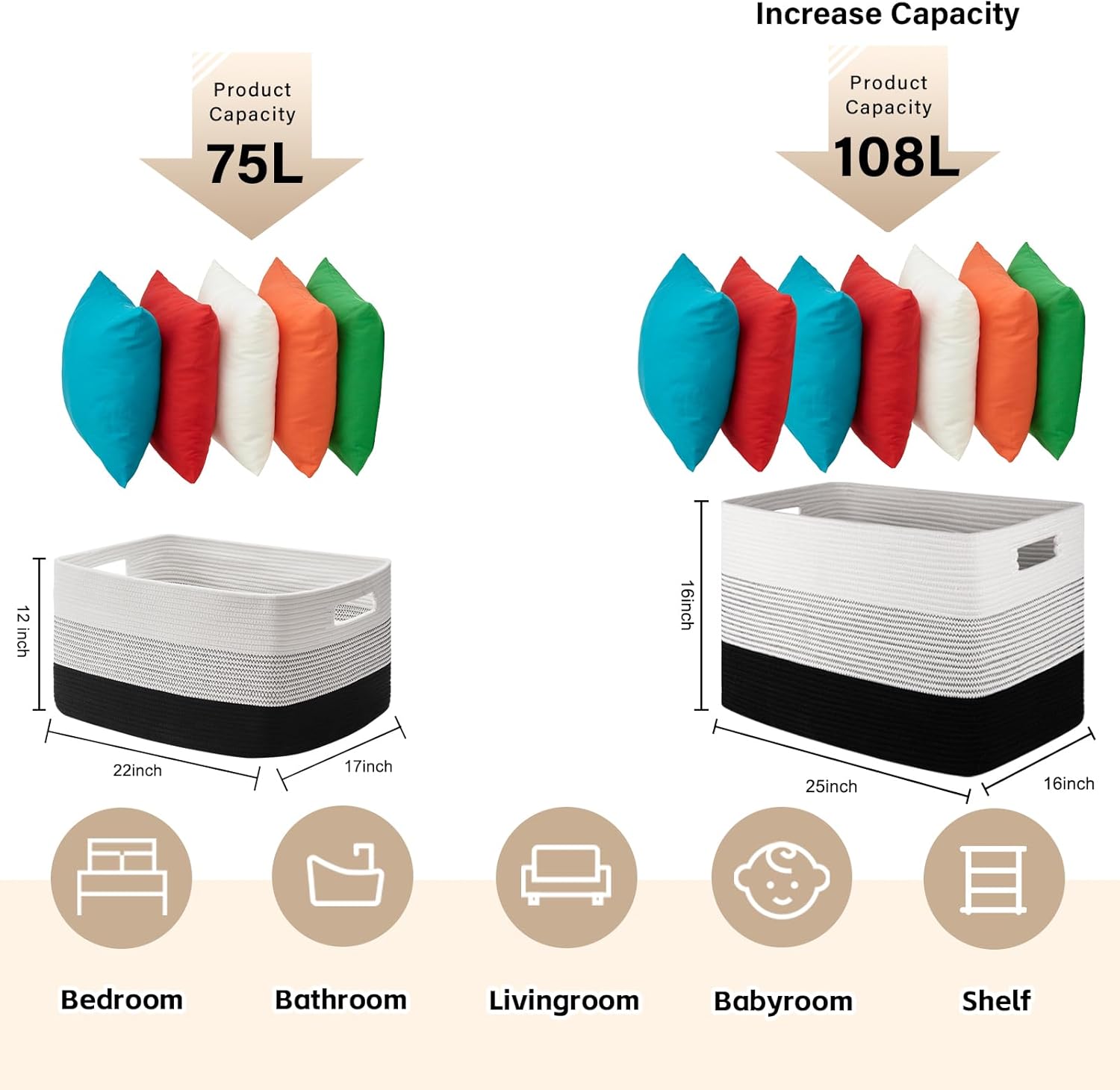 OIAHOMY Large Blanket Basket, 22”x17”x12” Rectangle Woven Baskets, Nursery Blanket Storage Living Room, Toy Storage With Handle, Large Baskets for Organizing-Gradient Black