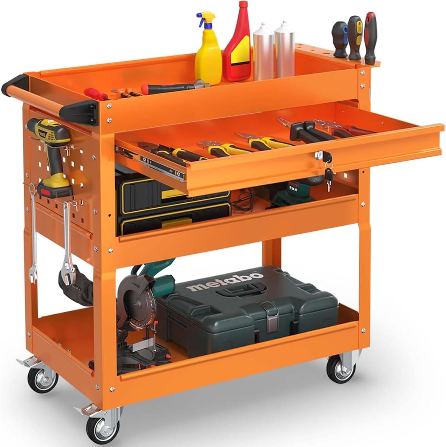 3-Tier Rolling Utility Cart, Metal Heavy Duty Utility Cart on Wheels with Lockable, 330 lb. Load Large Storage Capability Tool Cart for Garage, Warehouse, Repair Shop（Orange）