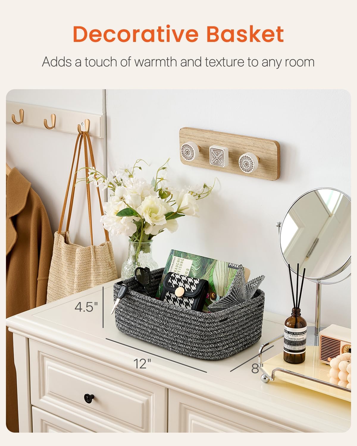 Small Woven Basket, 12 x 8 x 4.5 Inches, Storage Basket for Organizing, Cute Small Rope Shelf Closet Cube Storage Bins Baskets for Shelves, Dog Toy Gift Baskets Empty, 3 Pack Mixed Black