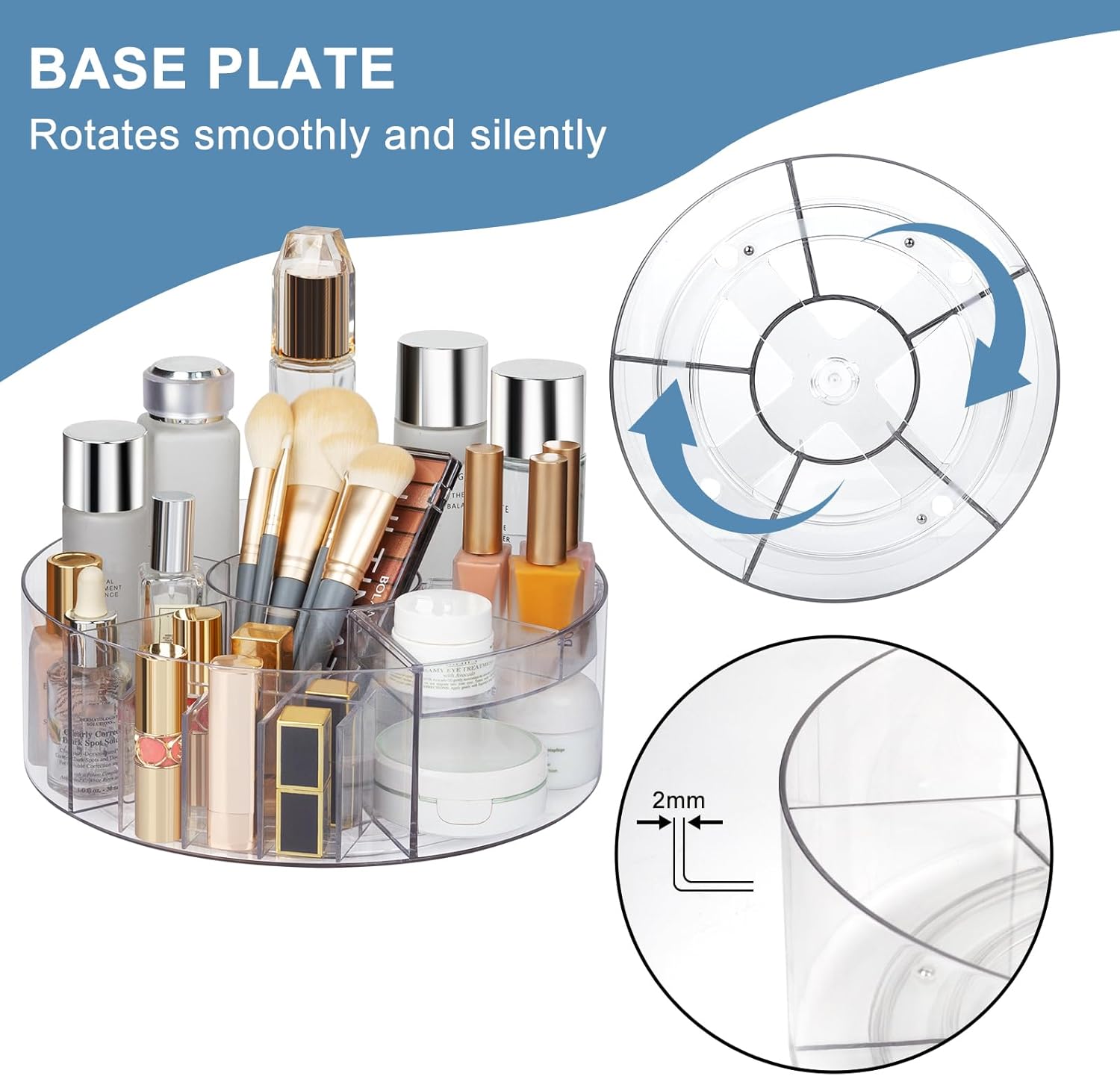 360° Rotating Makeup Organizer, 10" Clear Turntable Lazy Susan Organizer for Vanity, Bathroom Counter, Cabinet, Spinning Cosmetic Storage Holder with 6 Dividers for Skincare, Makeup Brushes, Lipsticks