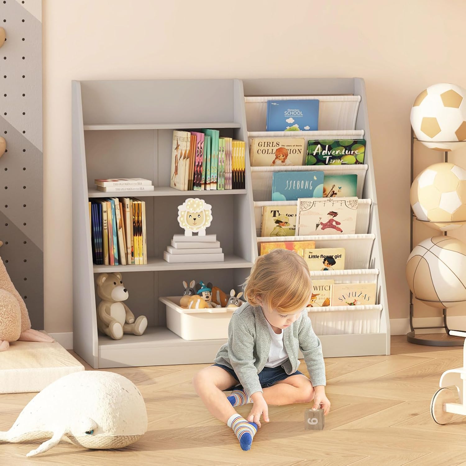 Gray Kids Bookshelf for Nursery Toddler Baby Sling Book Rack Adjustable Shelf Children Bookcase for Classroom Playroom Bedroom Décor Toy Magazine Book Storage Organizer 4 Tier Boy Girl’s Gift