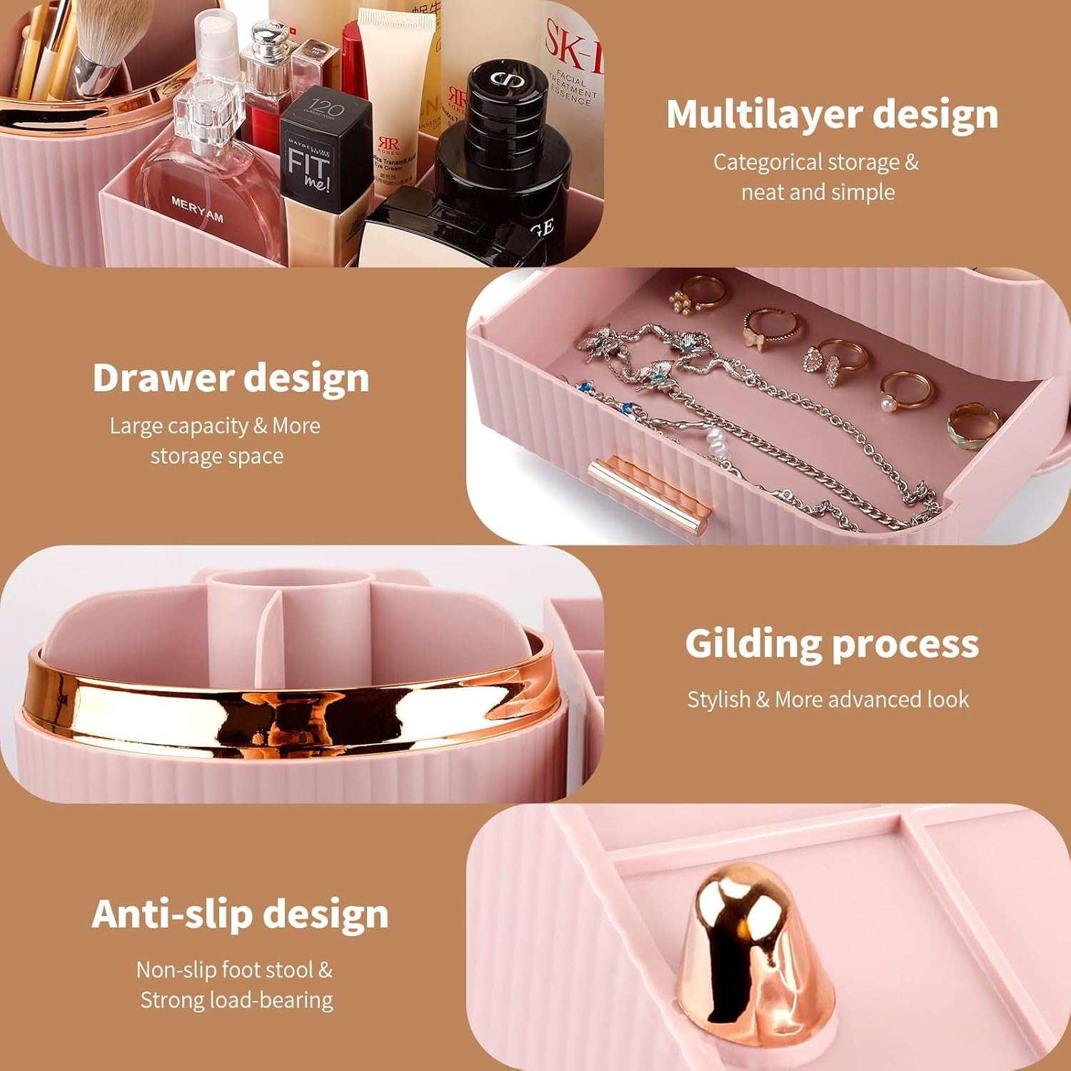 Makeup Organizer for Vanity, Cosmetic Display Case with Drawers, Fits Makeup, Skincare Products, Brushes, Lipsticks, and Other Accessories, Versatile Storage Solution (Pink)