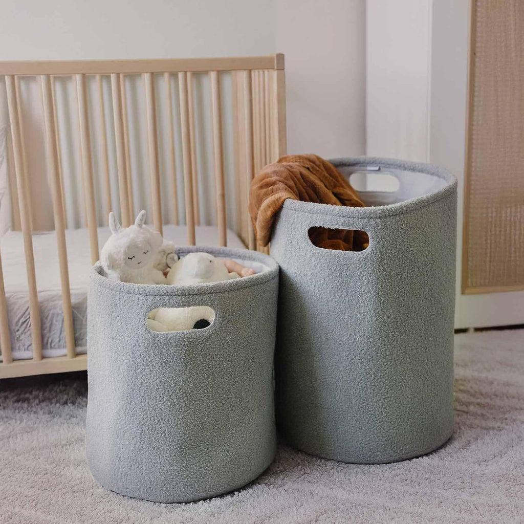 PUTSKA Basket – Round Storage for Toys, Clothes, Stuffed Animals – Soft Baby Girl Basket for Nursery, Kids Room, Bedroom, Living Room – Large, Grey