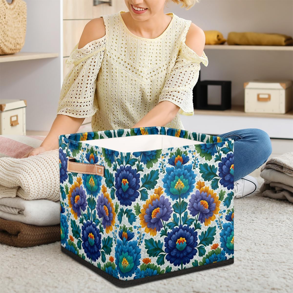 TropicalLife 13x13x13 Inch Large Fabric Storage Cube Blue Flowers Print Foldable Storage Bin with Handles Organizer Boxes Cube Basket for Shelves Organizing Closet