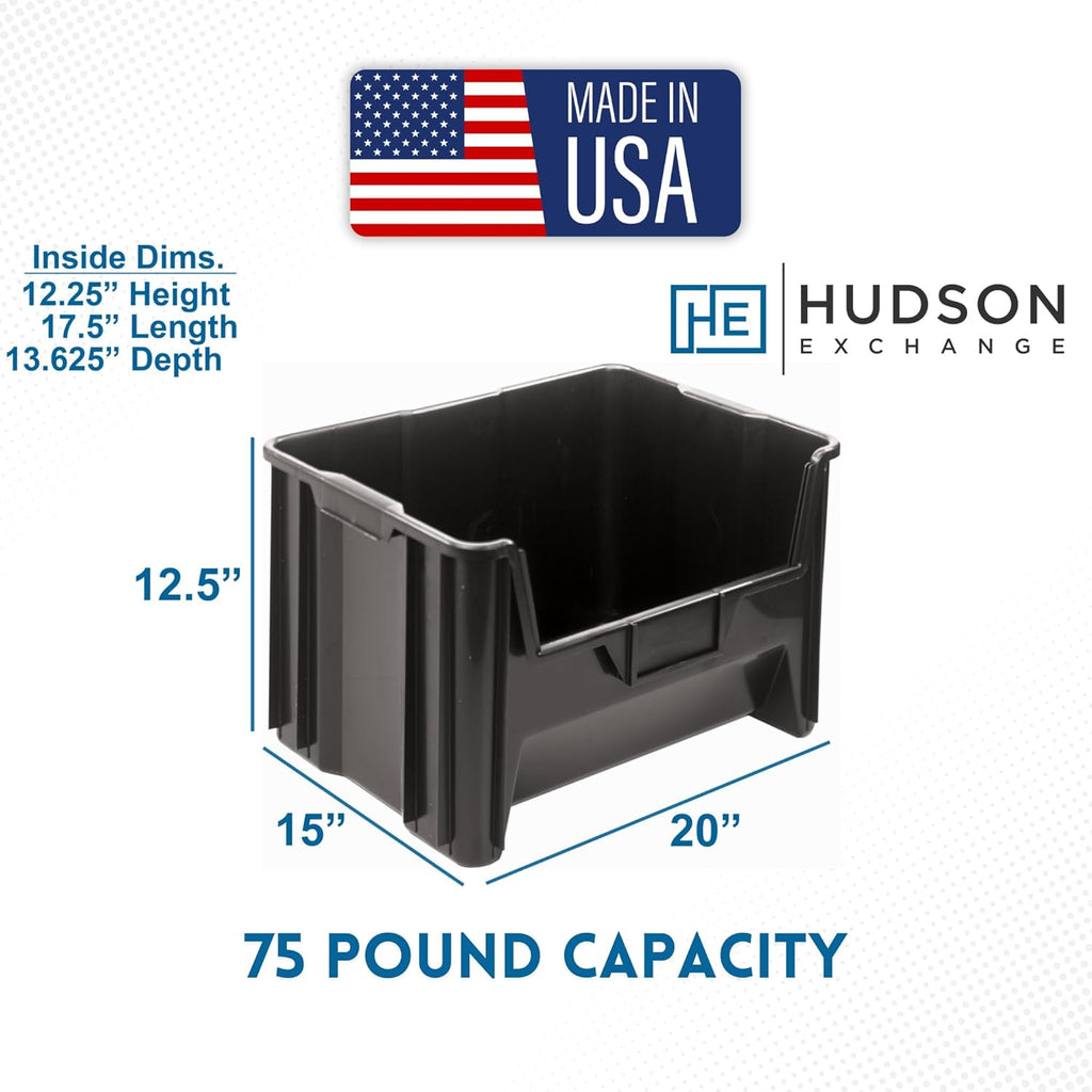 Hudson Exchange 20" x 15" x 12.5" (1 Pack) Plastic Giant Stackable Hopper Bin Container, Black