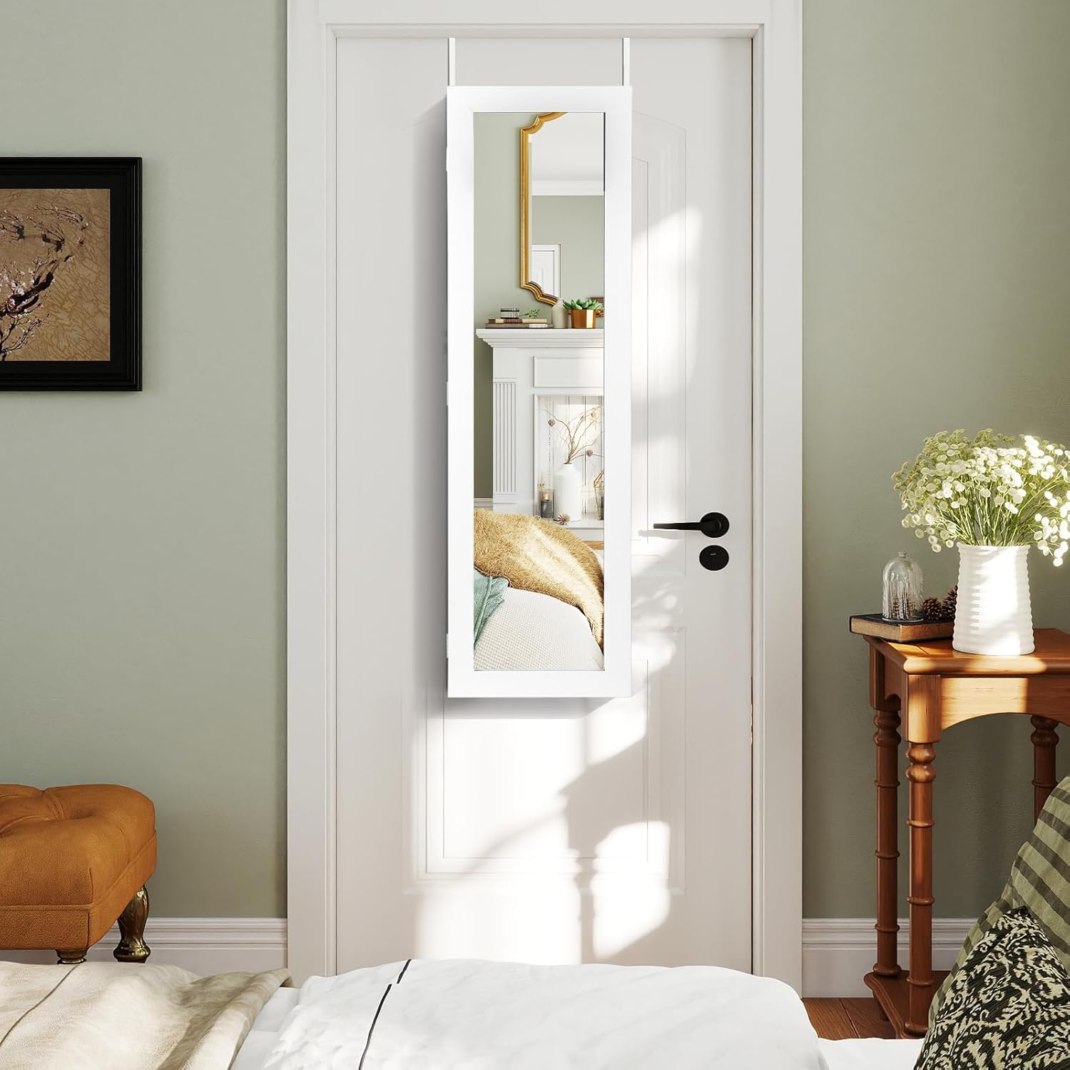 5 LEDs Mirrored Jewelry Cabinet Wall Mounted or Door Hanging, 42” Jewelry Box Armoire with Full Length Mirror, 2 Drawers & Shelves, Over the Door Jewelry organizers and Storage (White)