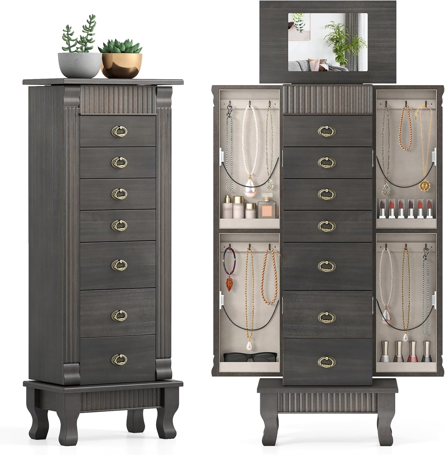 Giantex Standing Jewelry Cabinet with 7 Drawers, Flip-Top Mirror, 2 Side Doors with 12 Necklace Hooks, Divided Ring Compartments, Velvet-Lined Jewelry Armoire Organizer Chest (Weathered Gray)