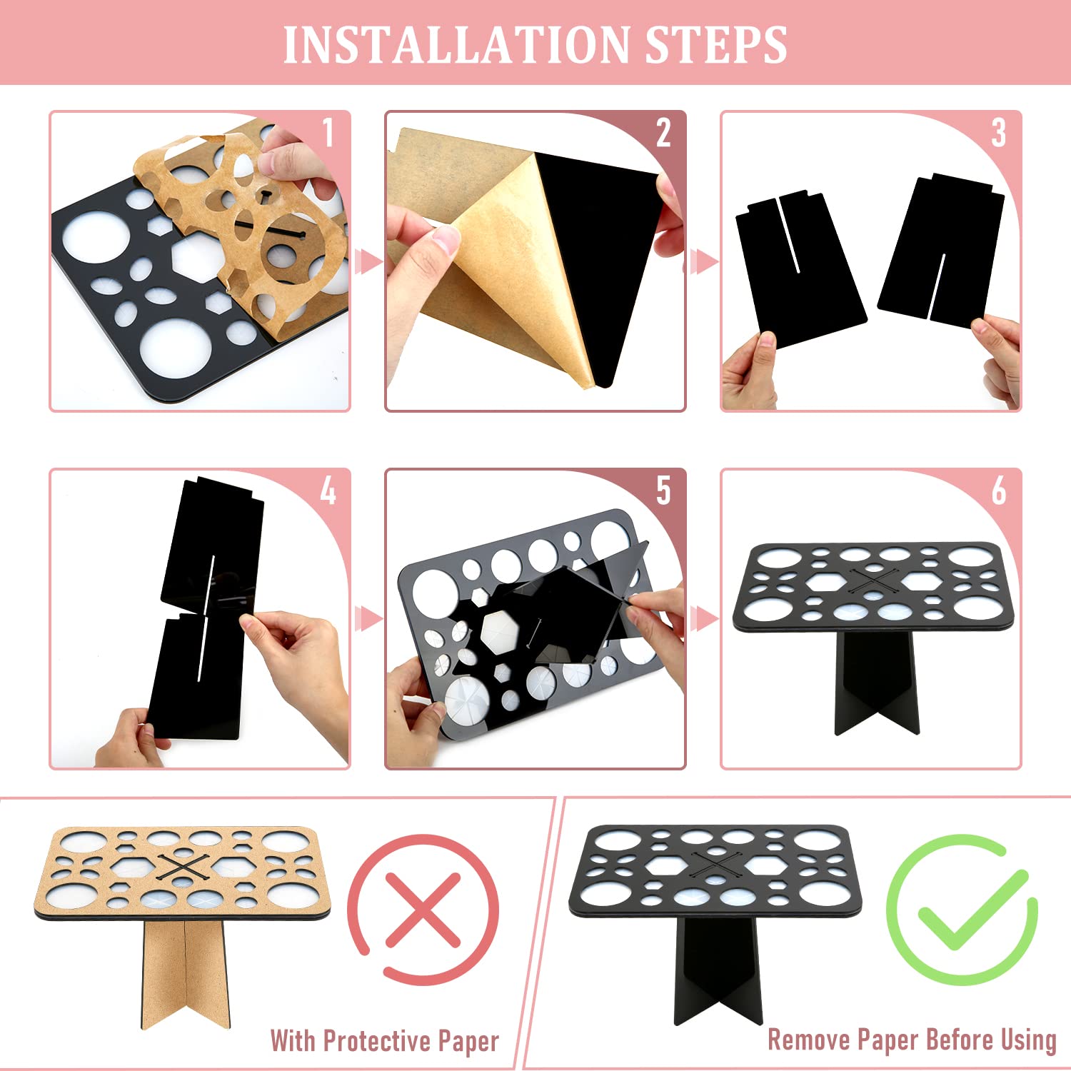 Makeup Brush Cleaning Mat & Drying Rack - 28 Holes Brush Holder, Silicone Rubber Clover Shaped Mat Cleaner - Black & Pink