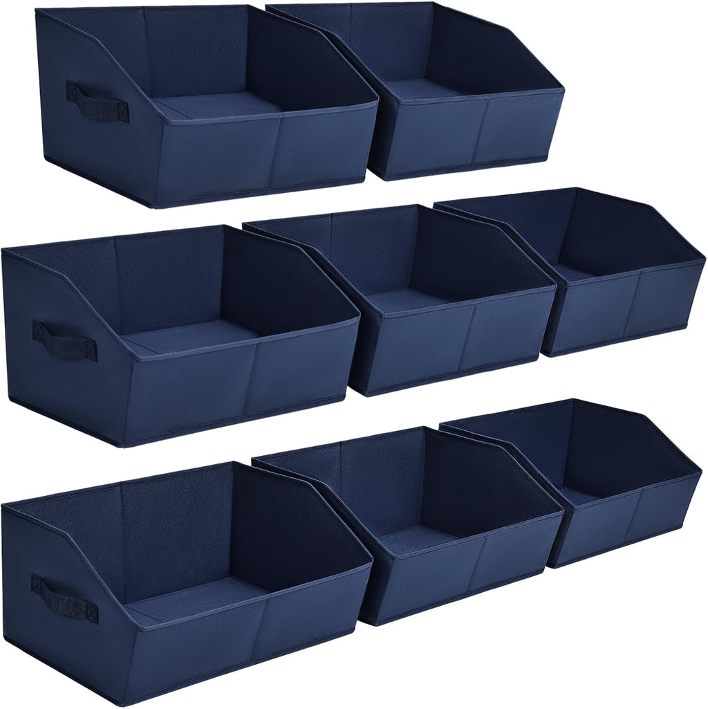 Closet Baskets for Shelves Trapezoid - Decorative Storage Baskets with Handle, Closet Bins for Organization, Shelf Storage Bins for Clothes, Books, Home, Office, 8 Pack, Navy Blue