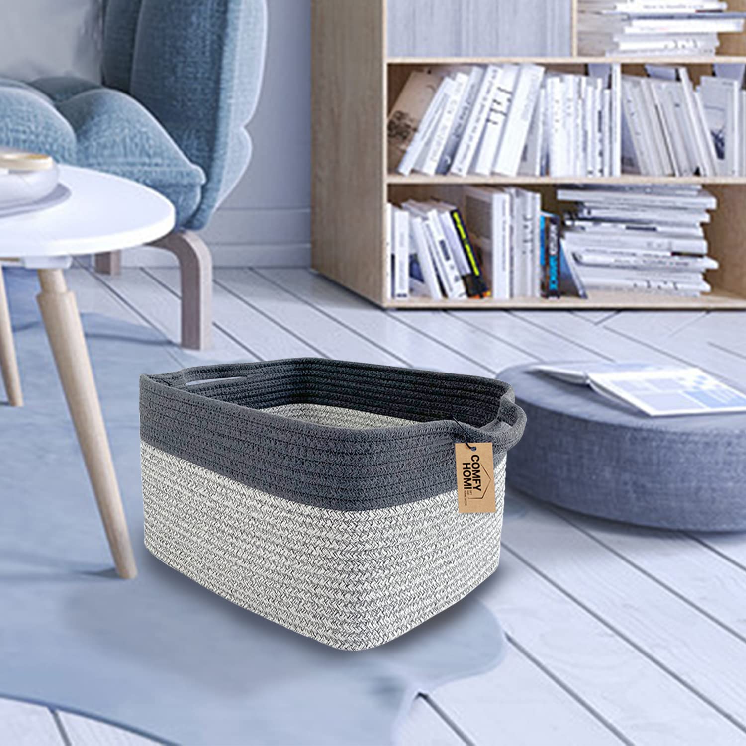 COMFY-HOMI 3Pack Cotton Rope Square Basket with Handles for Shelves|Dog Toy Storage Bin|Shoe Organizer - New 13.5" x 11" x 9.5" (Light Grey)