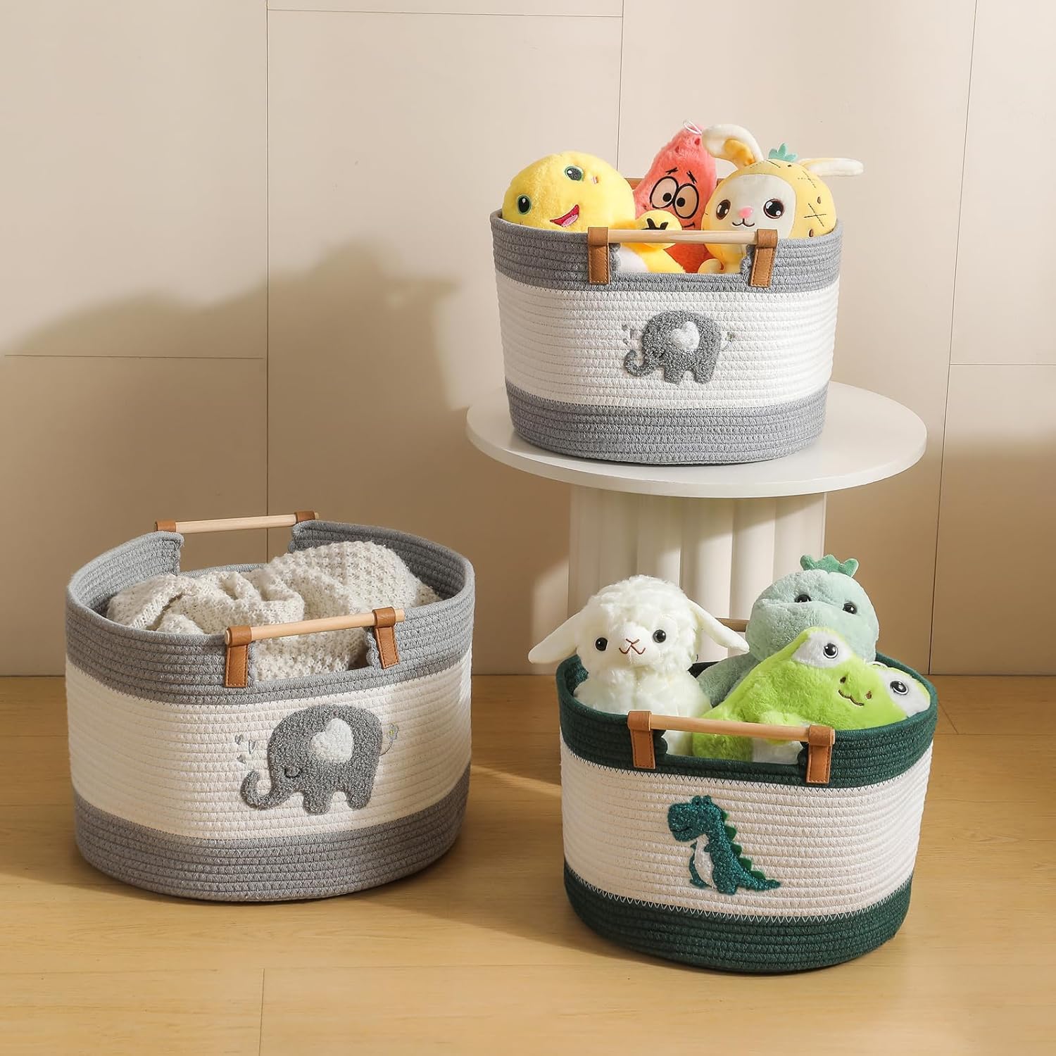 Cotton Rope Baskets for Kids Stuffed Animal Toys Storage for Nursery, Baby Baskets for Gifts Empty, Woven Basket with Wooden Handles Blanket Towel Toy 0rganizer Kids Blanket Storage Bins (Dinosaur ）