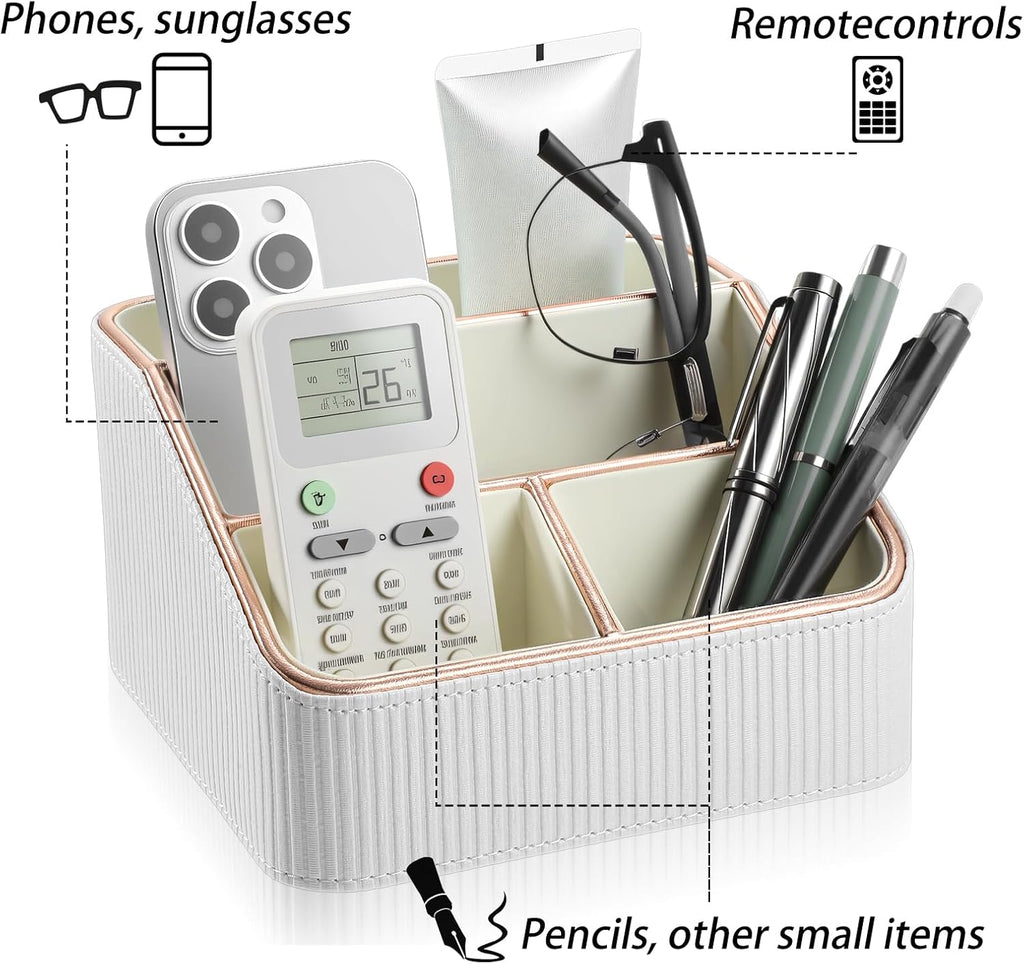 1 Pieces Remote Control Holder with 4 Compartments, PU Leather Small Nightstand Organizer for Home Desk Accessories Office Supplies, Multifunctional Stylish Small Bedside Desktop Organizers (White)