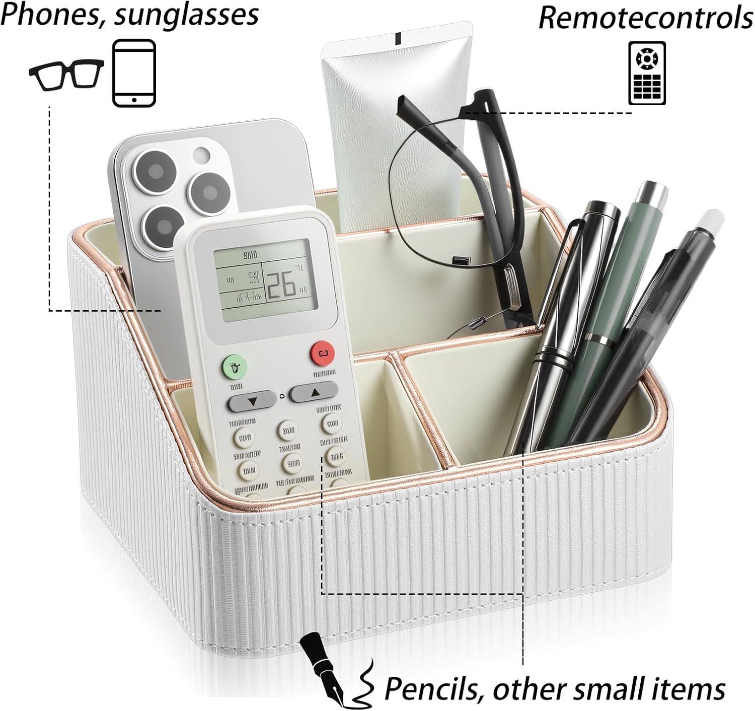 1 Pieces Remote Control Holder with 4 Compartments, PU Leather Small Nightstand Organizer for Home Desk Accessories Office Supplies, Multifunctional Stylish Small Bedside Desktop Organizers (White)