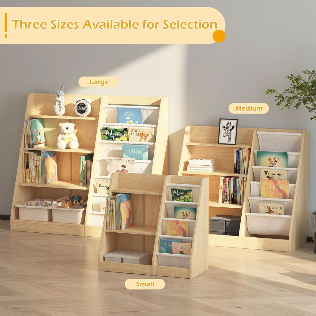 White 3 Tier Kids Bookshelf Toddler Book Rack for Book Toy Storage Organizer Children Bookcase 4 Sling Adjustable Book Display Shelf for Nursery Playroom Kids Baby Bedroom