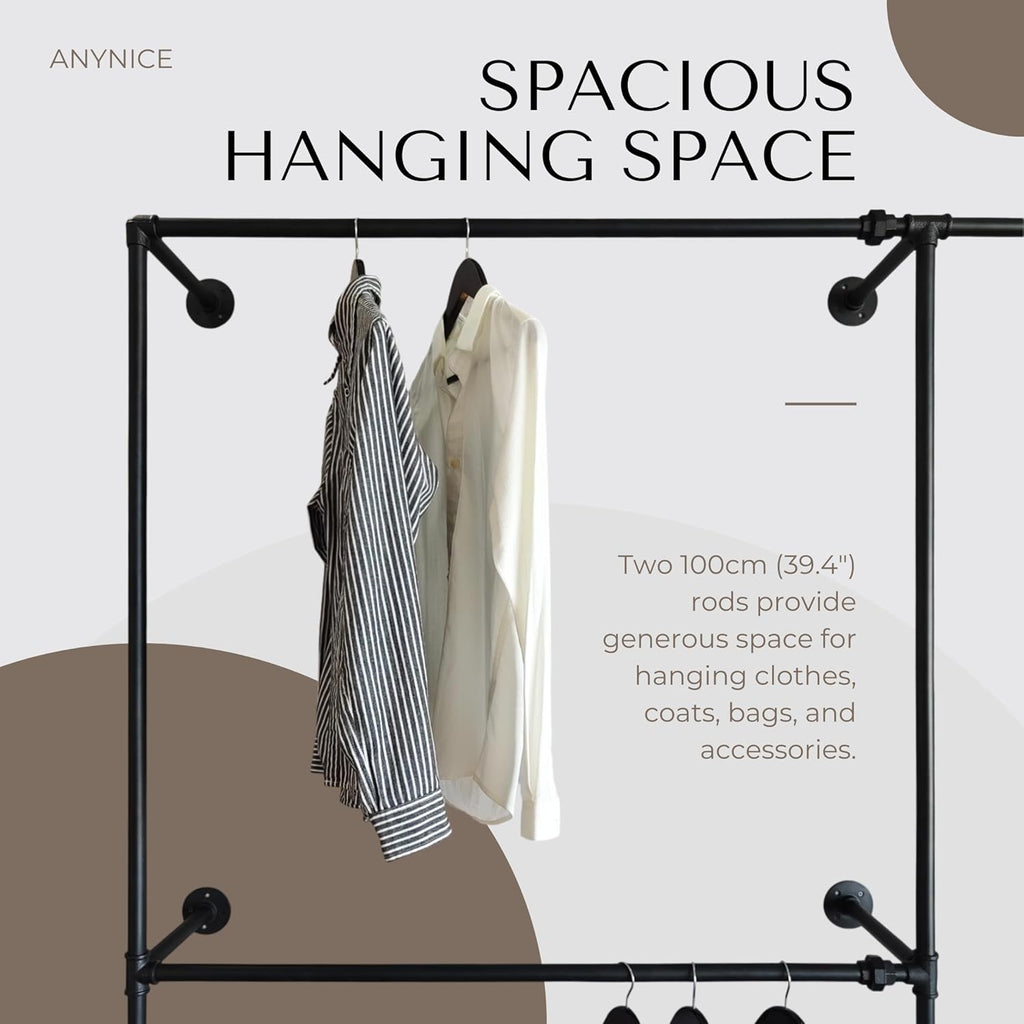 Industrial Pipe Clothing Rack, Heavy Duty Wall Mounted Clothes Rack, Retail Display Hanging Garment Rod for Laundry Rooms, Closet Storage, 14.6x62.5x82.7 Inches, Model AF01