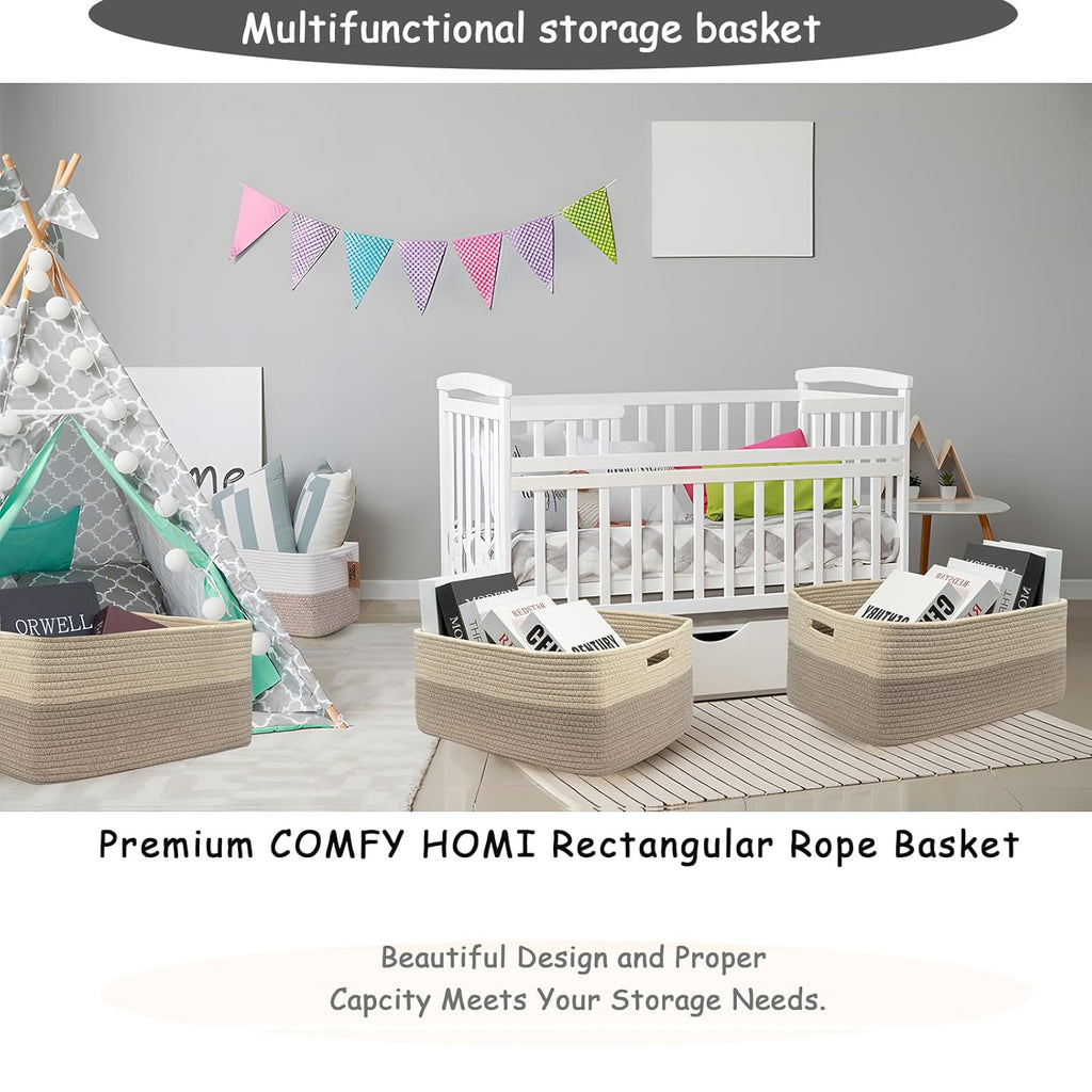 COMFY-HOMI 3 pcs Large Storage Baskets for Shelves, Laundry Basket, Woven Rope Basket, Closet Organizer Bins for Clothes Blanket Towels, Baby Nursery, Gift Toy Baskets, 17” x 13” x 7.5”-Beige Brown