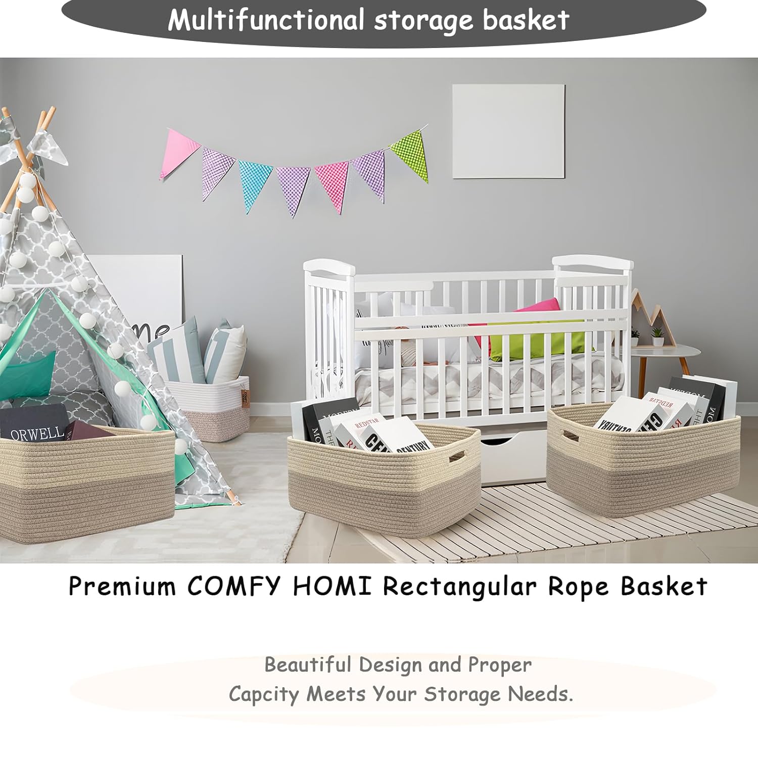 COMFY-HOMI 3 pcs Large Storage Baskets for Shelves, Laundry Basket, Woven Rope Basket, Closet Organizer Bins for Clothes Blanket Towels, Baby Nursery, Gift Toy Baskets, 17” x 13” x 7.5”-Beige Brown