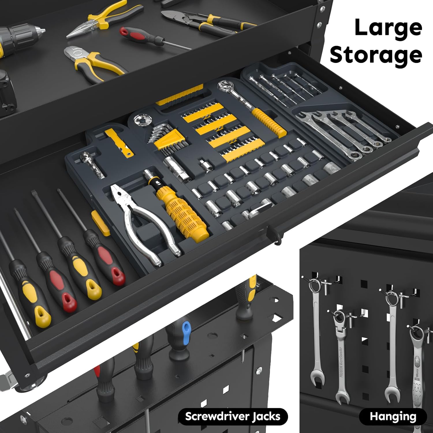 3-Tier Rolling Utility Cart, Metal Heavy Duty Utility Cart on Wheels with Lockable, 330 lb. Load Large Storage Capability Tool Cart for Garage, Warehouse, Repair Shop, Black